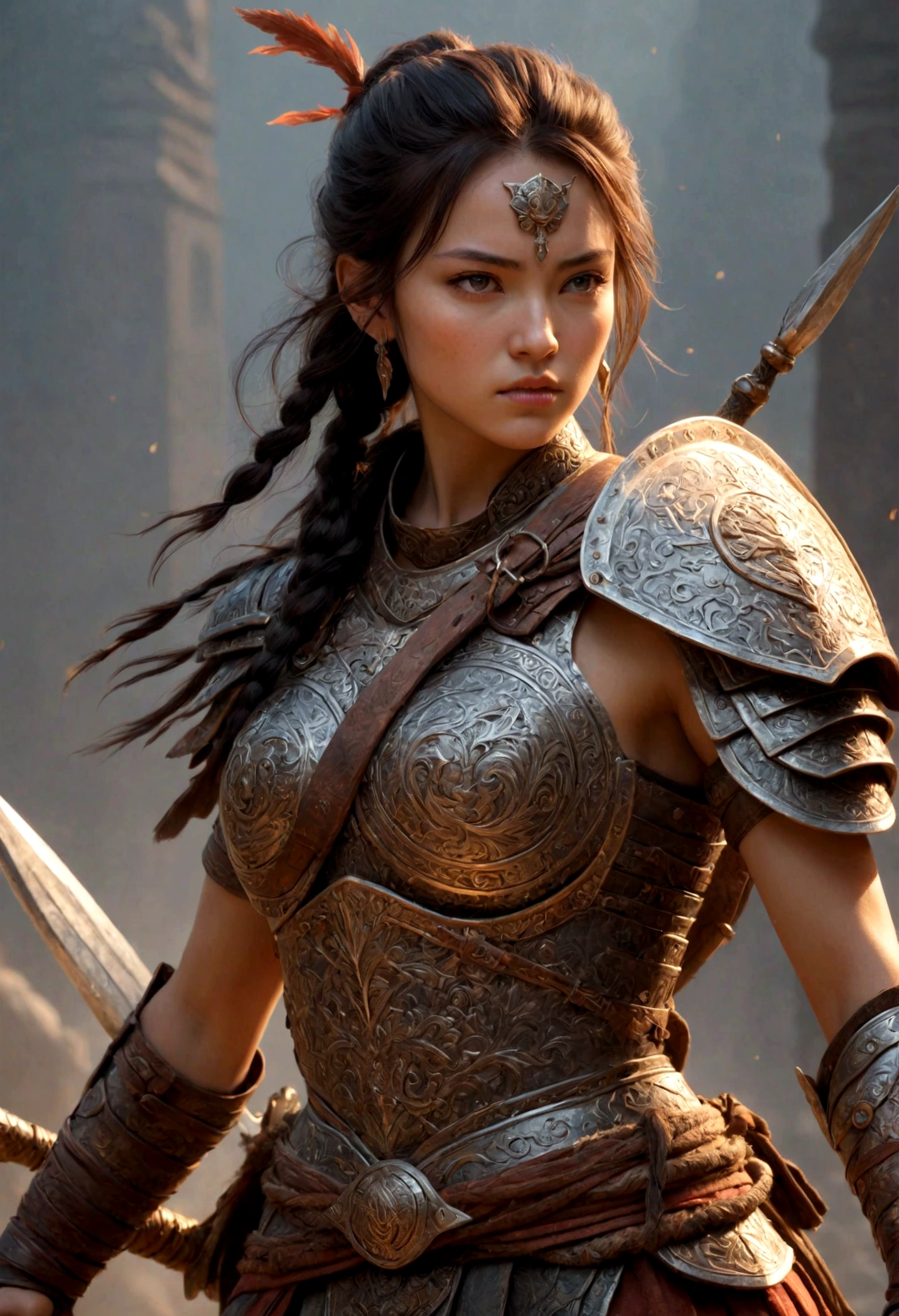 A (very wide shot:1.3) (Young Woman:1.3) (Barbarian:1.3) in brown and black intricate (Armor of Deep Sea:1.3) in a (dark and moody universe:1.3), light particle, very detailed skin, samurai, very detailed eyes, --auto --s2