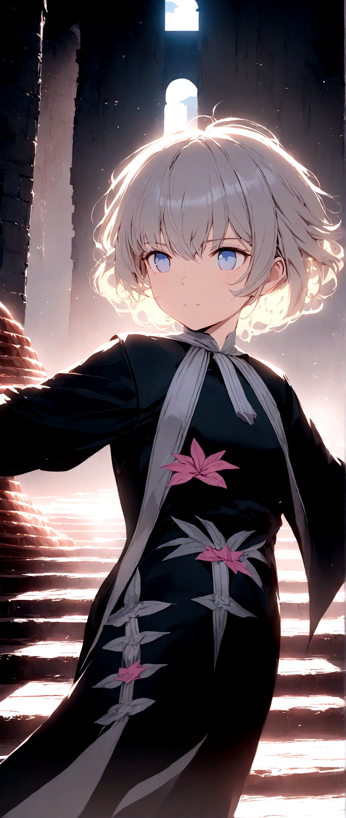a beautiful white-haired girl, detailed blue eyes, black robe, leading a crowd of criminals, dramatic lighting, cinematic composition, dark moody colors, dramatic shadows, highly detailed, masterpiece, 8k, photorealistic, professional, vivid colors, dramatic atmosphere