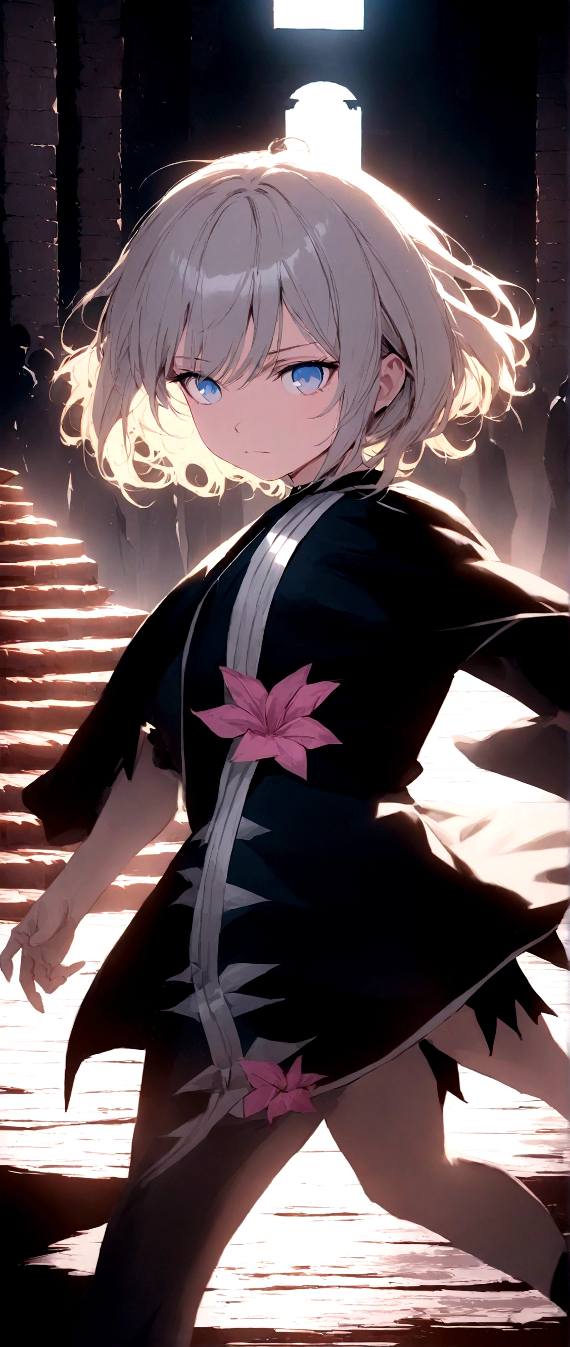 a beautiful white-haired girl, detailed blue eyes, black robe, leading a crowd of criminals, dramatic lighting, cinematic composition, dark moody colors, dramatic shadows, highly detailed, masterpiece, 8k, photorealistic, professional, vivid colors, dramatic atmosphere