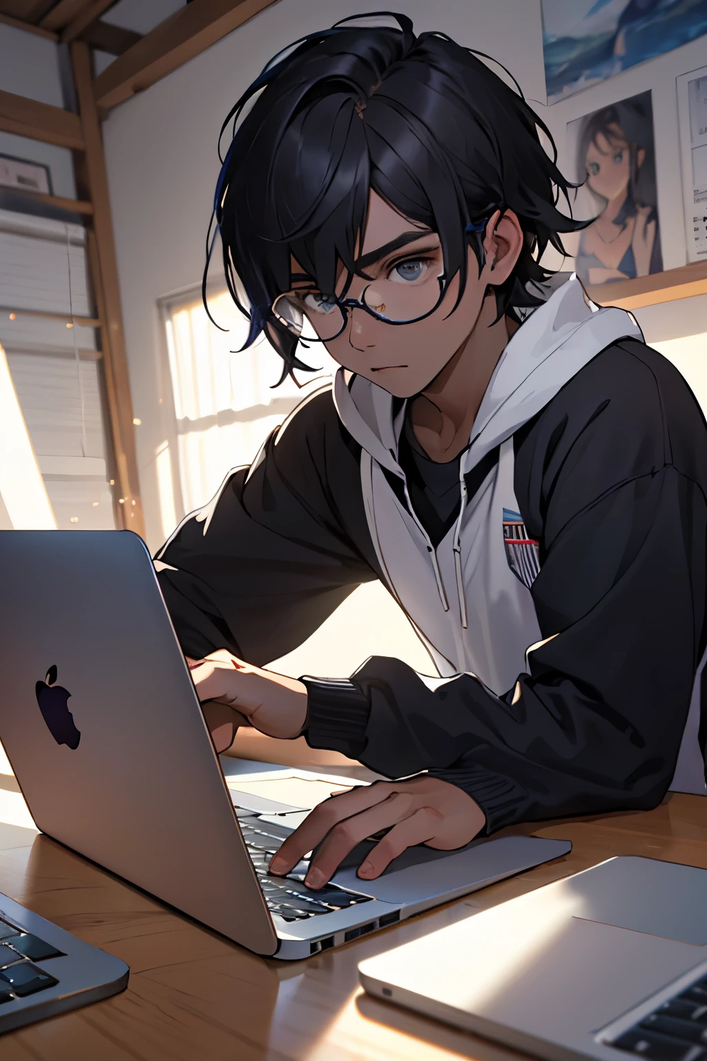((melhor qualidade)), ((Obra de arte)), (detalhado), 1 programador jovem, macbook in hand, usa oculos, cabelos preto curto