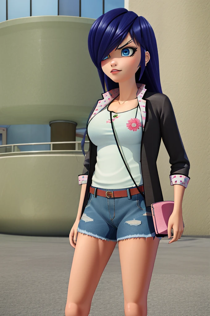 (8k, RAW photo, best quality, masterpiece:1.2), (intricate details), perfect eyes, perfect face, perfect lighting, beautiful, (masterpiece:1.2), (best quality:1.2), 1girl, solo, marinette, blue hair, ((long loosen hair, bangs over one eye, )), adult torso, 19 years old, angry, huge sized breasts, ( tank top, denim jacket, ripped shorts,) cowboy shot, 3DMM, standing, front view, 