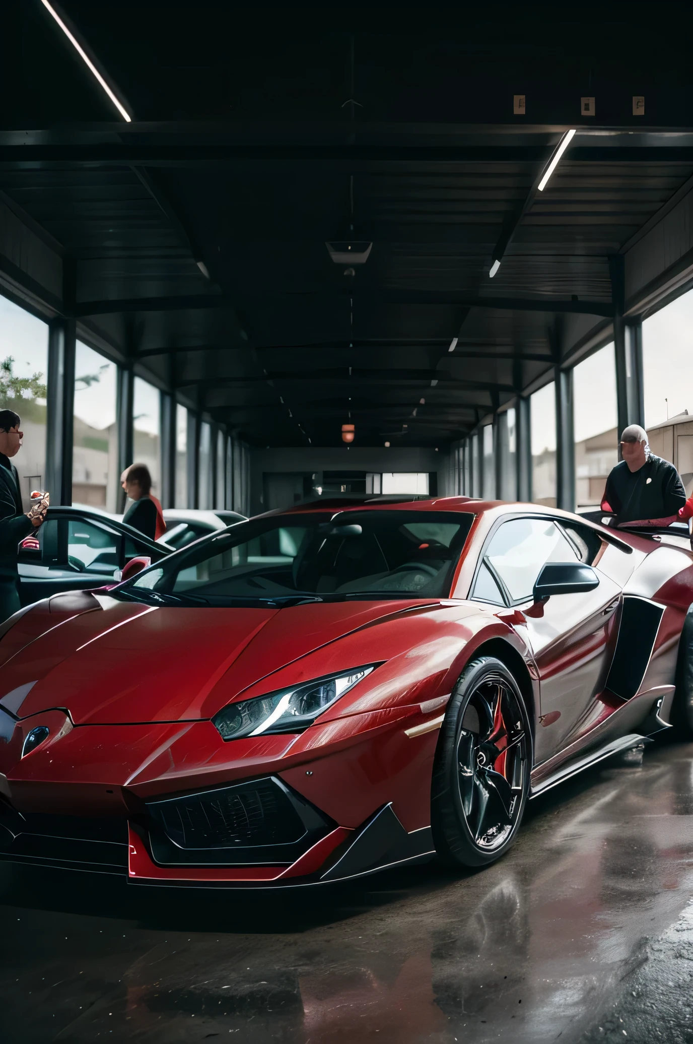 Cria a frente da loja vermelho e preto com dois carros uma poste uma Lamborghini na frente com a logo JDR.CAR two employees next to each car wearing red and black clothing with the brand name on the back