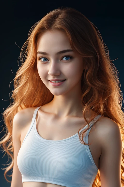 girl, beautiful big striking blue eyes, delicate black eyebrows, rosy cheeks, red lips, smiling face very white skin, long wavy orange hair cascading around her face and shoulders, detailed eyelashes, photorealistic cyberpunk style, perfectly focused, creamy smooth complexion, beautifully lit by soft diffused studio lights, extremely fine details, finely textured skin and hair full head to toe photo, wearing sport leggings