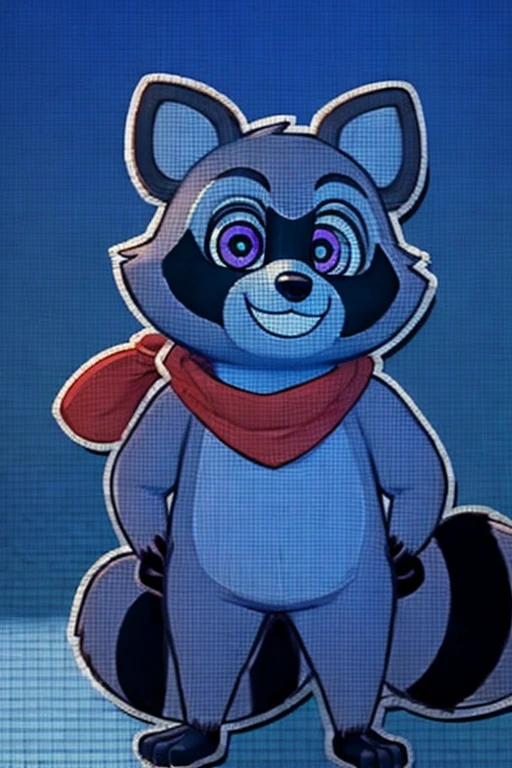 Rambley racoon is raccoon mascot, he lives inside of networks and code, making his appearances on tv screens and monitors, he is waving happily at the viewer greeting him, 
 he has a tall big chubby body and  raccoon hands, his feet are also roughly the same size as his hands, being cute, his fur a light grey, and the fur on his hands and feet black, he has a cute little bushy raccoon tail with stripes running down it, and a lighter grey patch running from his neck to around his belly, he has puffy little cheeks and pointy little raccoon ears, his eyes are a shiney purple with lighter grey fur surrounding them, he has a cute and derpy little nose and mouth, surrounded by similar grey fur to the fur around his eyes, as well as a long black patch running from left to right in between his eyes and nose, he has a  red bandana like red scarf that he wears around his neck,  monitor screens, , looking at viewer, big chest, day,, s ensual, detailed, uploaded to e621, beautiful an d detailed portrait of an anthropomorphic, (((m ale))) uploaded to e621, zaush, foxovh, movie li ghting, thicc, alone, detailed, 8k res, hires, detai led eyes, good anatomy, good perspective, tow ards viewer, by bebebebebe, by sicklyhypnos, b y gerkk, by orf, nice hands, perfect hands, happ y, romantic, ray tracing lighting, rtx on, By Bebe bebebe, by SpiritD, by KOBITOWANI, best qualit y, masterpiece, perfect anatomy, detailed pictur e)), 1femboy, 2D advertisement poster completely advertisement poster looking at a laboratory inside of a laboratory looking at the viewer holding something, indoors inside of a laboratory, waving his hand at the viewer greeting him