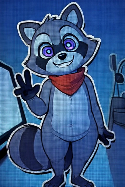 Rambley racoon is raccoon mascot, he lives inside of networks and code, making his appearances on tv screens and monitors, he is waving happily at the viewer greeting him, 
 he has a tall big chubby body and  raccoon hands, his feet are also roughly the same size as his hands, being cute, his fur a light grey, and the fur on his hands and feet black, he has a cute little bushy raccoon tail with stripes running down it, and a lighter grey patch running from his neck to around his belly, he has puffy little cheeks and pointy little raccoon ears, his eyes are a shiney purple with lighter grey fur surrounding them, he has a cute and derpy little nose and mouth, surrounded by similar grey fur to the fur around his eyes, as well as a long black patch running from left to right in between his eyes and nose, he has a  red bandana like red scarf that he wears around his neck,  monitor screens, , looking at viewer, big chest, day,, s ensual, detailed, uploaded to e621, beautiful an d detailed portrait of an anthropomorphic, (((m ale))) uploaded to e621, zaush, foxovh, movie li ghting, thicc, alone, detailed, 8k res, hires, detai led eyes, good anatomy, good perspective, tow ards viewer, by bebebebebe, by sicklyhypnos, b y gerkk, by orf, nice hands, perfect hands, happ y, romantic, ray tracing lighting, rtx on, By Bebe bebebe, by SpiritD, by KOBITOWANI, best qualit y, masterpiece, perfect anatomy, detailed pictur e)), 1femboy, 2D advertisement poster completely advertisement poster looking at a laboratory inside of a laboratory looking at the viewer holding something, indoors inside of a laboratory, waving his hand at the viewer greeting him