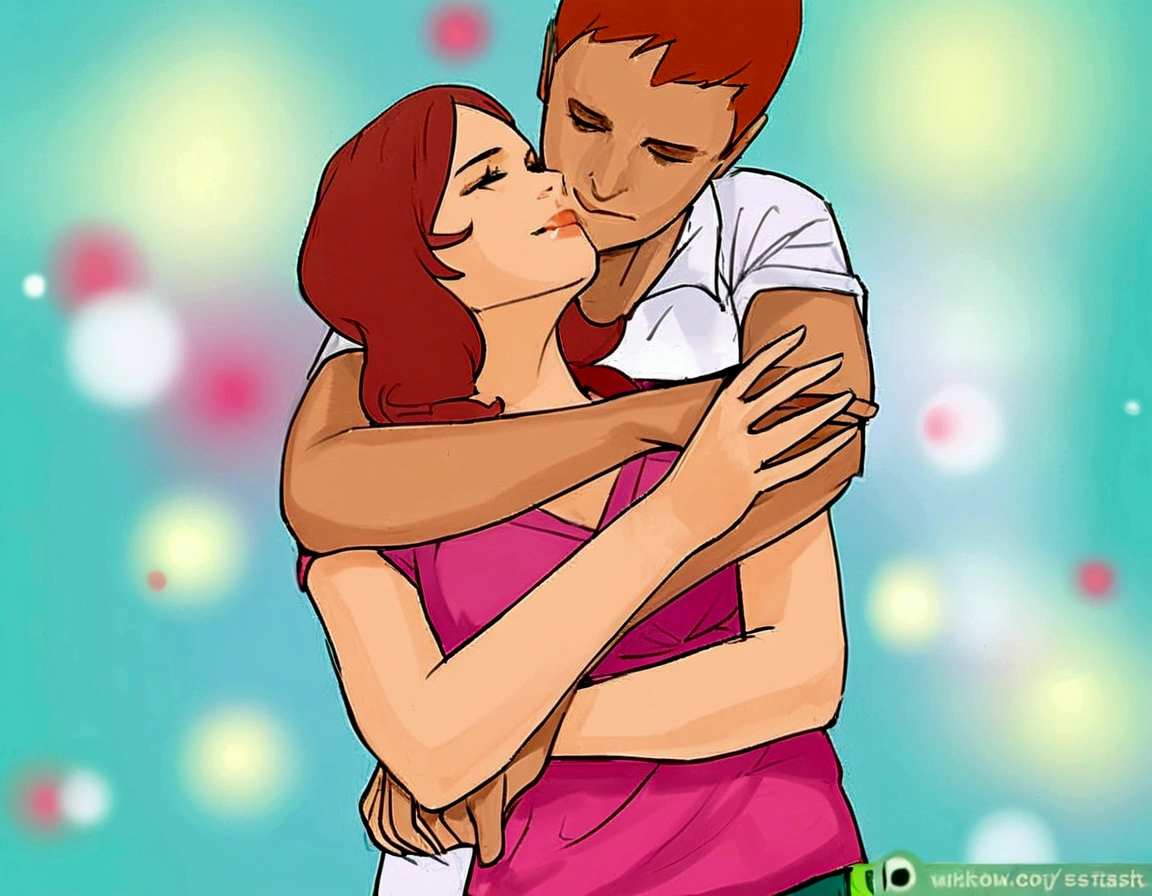 a cartoon of a man and woman hugging each other, wikihow, wikihow illustration, hugging, couple pose, hugging each other, kissing, kissing together cutely, kissing together, kissing, hugging, woman holding another woman, Male and female, touching, rotoscoped, really realistic, like, couple kissing, extremely emotional, kissing each other, very realistic