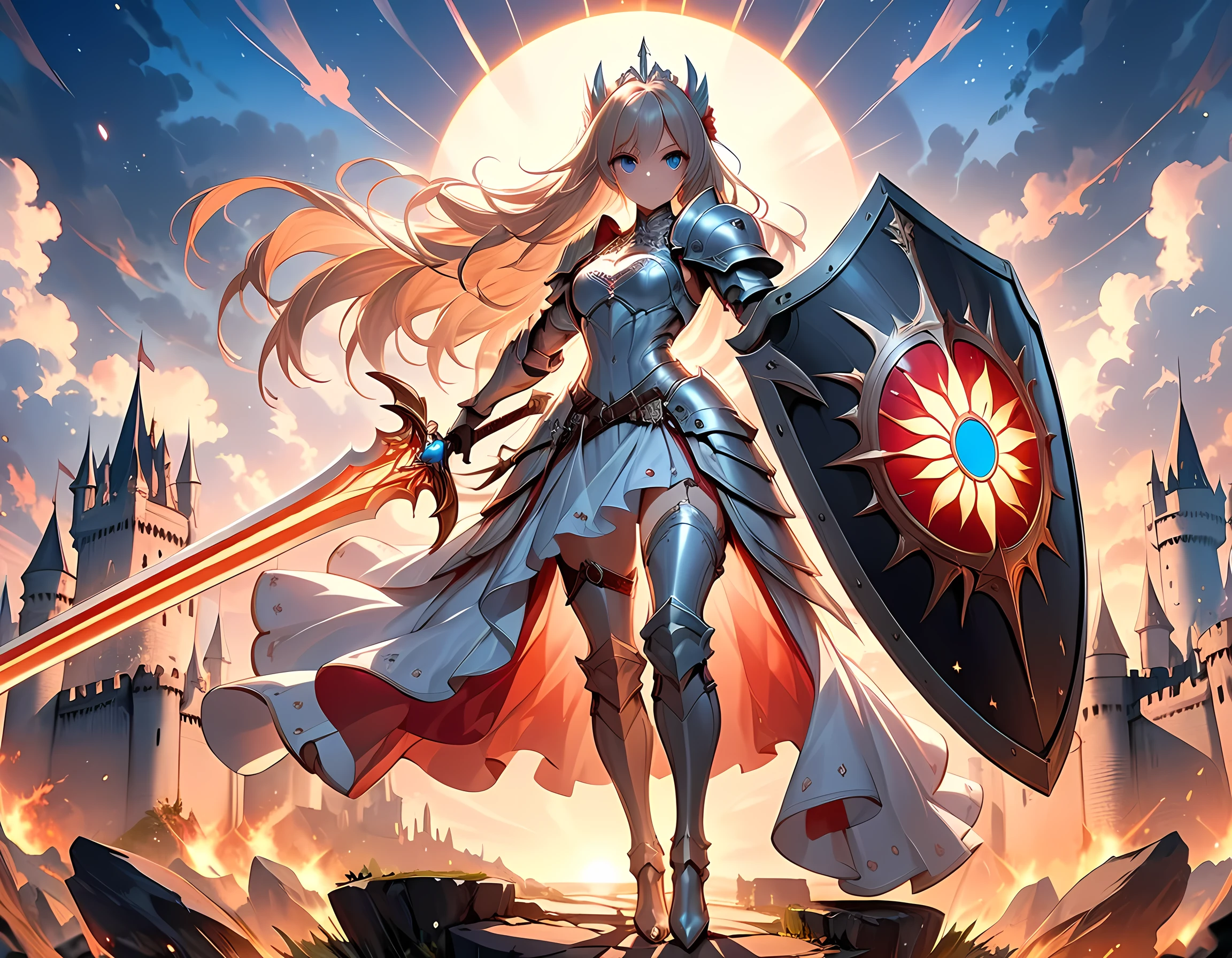 16k, ultra detailed, masterpiece, best quality, (extremely detailed), arafed, dnd art, panoramic view, full body, a single1 (Barbie: 1.5) knight standing on the all of the castle as the sun rises, she is holding sword and shield, you see only the silhouette of knight, intense eyes, ultra feminine, ultra detailed face, (Masterpiece, intense details:1.5), (anatomically correct: 1.5), determined face, sky are switching day and night, the sun is rising, suns, some stars, rays of dawn, fantasy castle background, Wide-Angle, Ultra-Wide Angle, 16k, highres, best quality, faize, Sword and shield