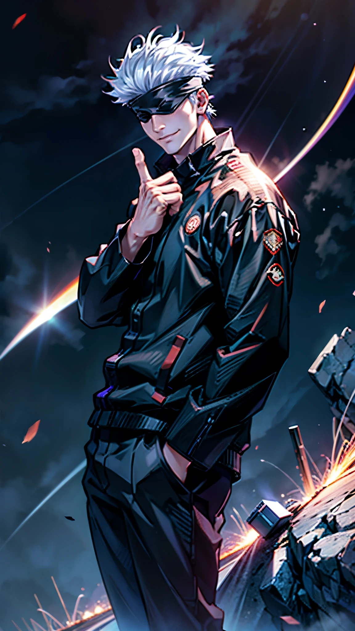 1boy, half body shot, perfect hand and fingers, satoru gojo, blindfold, black outfit, white hair, look at sky, smirk, red and blue moon city night background, wallpaper, cinematic,High resolution 8K, Bright light illumination, lens flare, sharpness, masterpiece, top-quality, The ultra -The high-definition, high resolution, extremely details CG, Anime style, Film Portrait Photography,masterpiece,hyperdetail