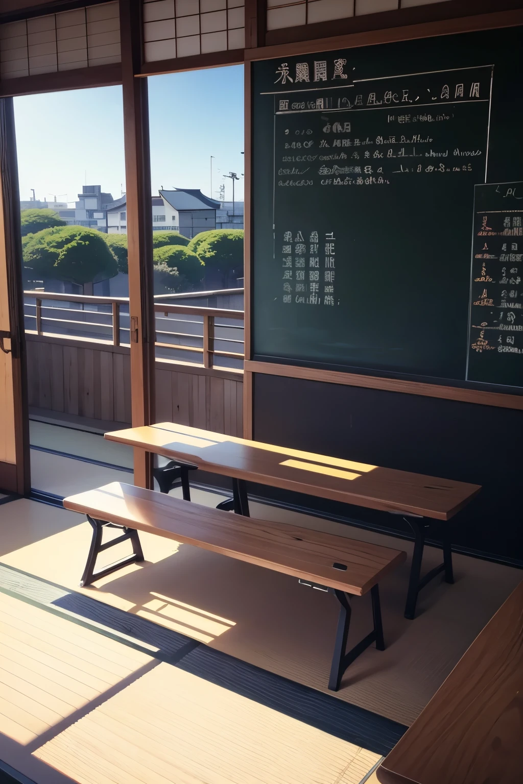 A japanese classroom with benches and deal with blackboard. Vision from back of the classroom. From the window, towns and market are seen