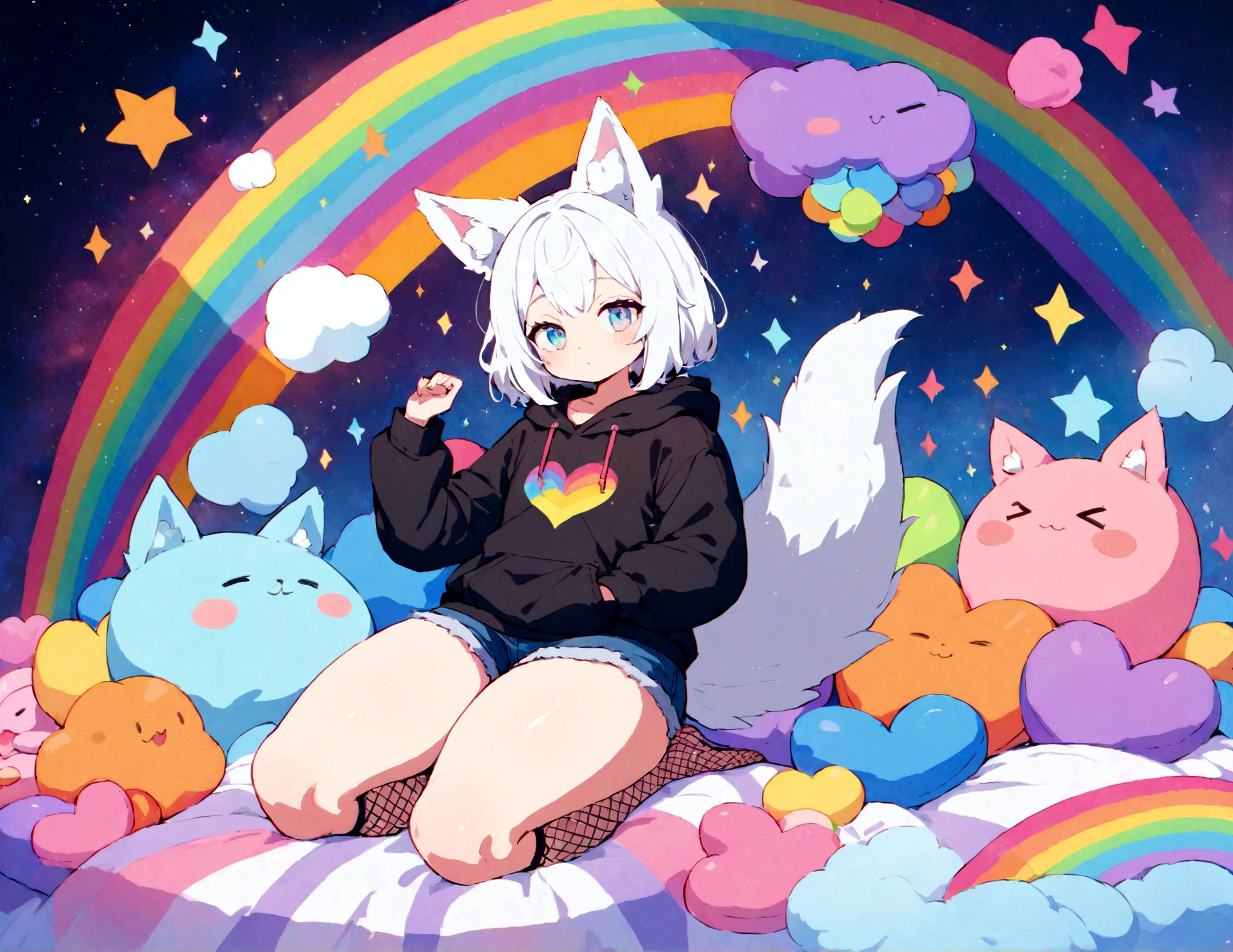 a cute adult male with wolf ears, white hair, has a wolf tail, wearing a loose cropped oversized black hoodie, wearing a pair of denim short shorts and fishnet stockings, thick thighs, wide hips, relaxing on mound of fluffy multi colored kawaii plushies, short, very slim, showing slender tummy, stretching out, heart on hoodie, squishy thighs, has glowing blue eyes. alone, solo (ALONE)(SOLO), surrounded by rainbows, colorful galaxy backround