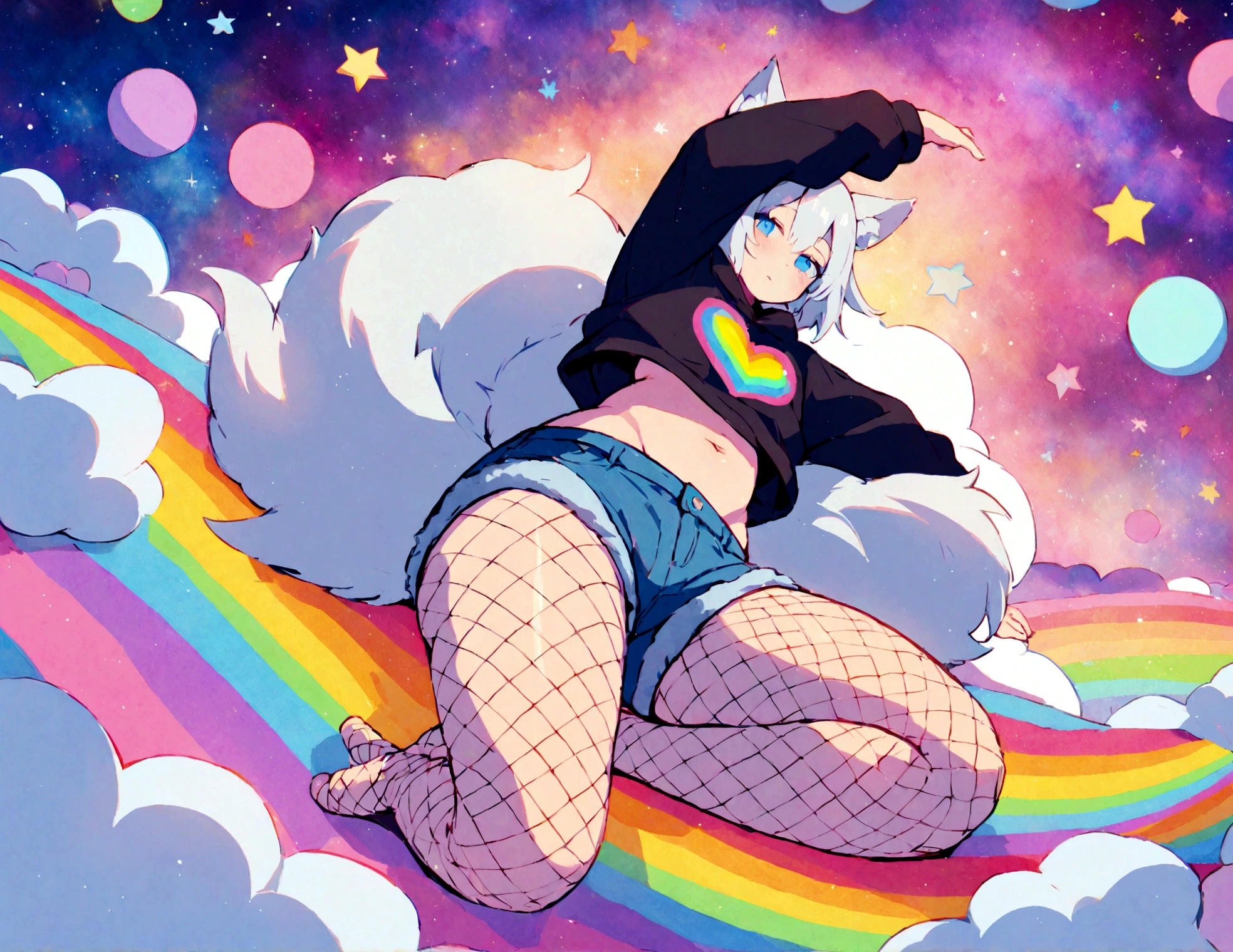 a cute adult male with wolf ears, white hair, has a wolf tail, wearing a loose cropped oversized black hoodie, wearing a pair of denim short shorts and fishnet stockings, thick thighs, wide hips, relaxing on mound of fluffy multi colored kawaii plushies, short, very slim, showing slender tummy, stretching out, heart on hoodie, squishy thighs, has glowing blue eyes. alone, solo (ALONE)(SOLO), surrounded by rainbows, colorful galaxy backround