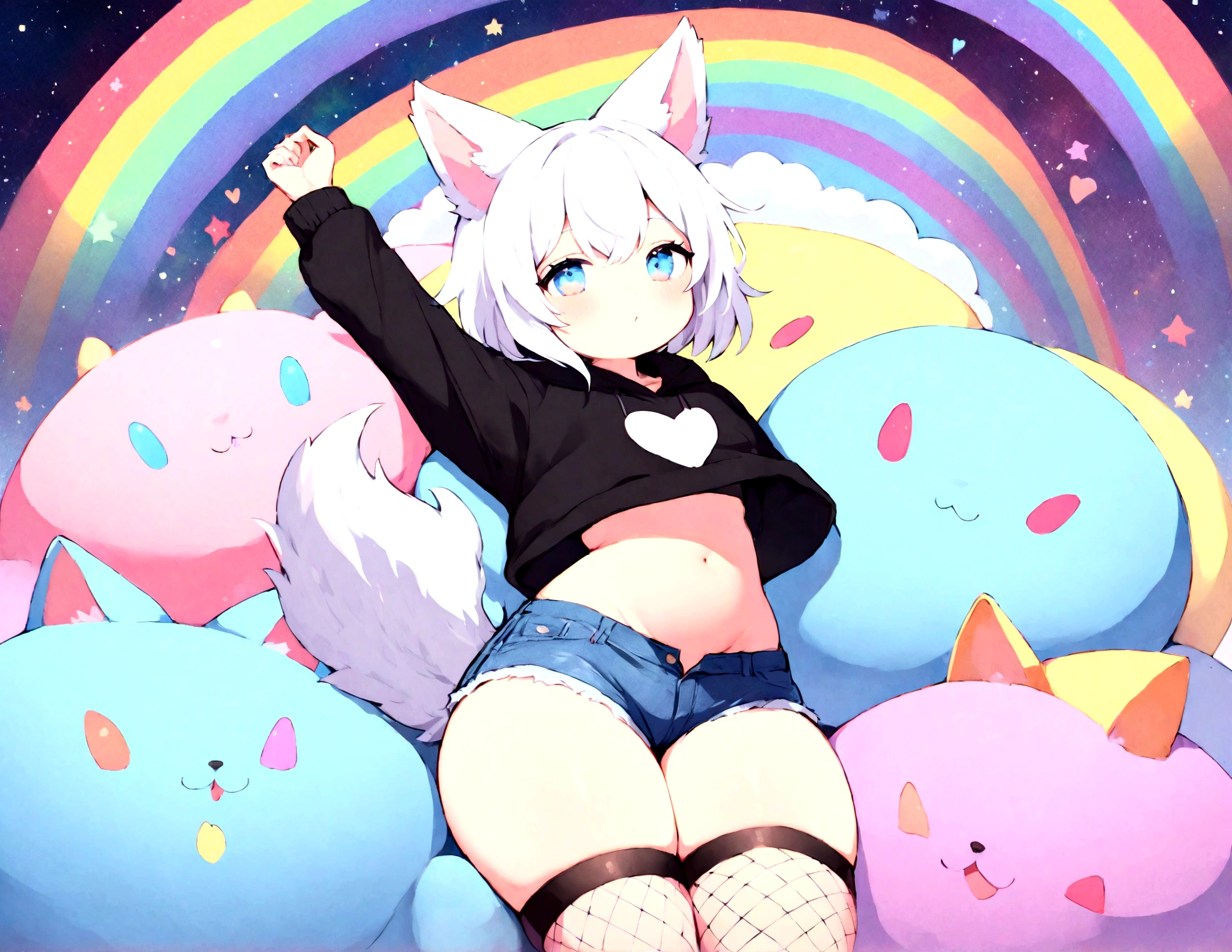 a cute adult male with wolf ears, white hair, has a wolf tail, wearing a loose cropped oversized black hoodie, wearing a pair of denim short shorts and fishnet stockings, thick thighs, wide hips, relaxing on mound of fluffy multi colored kawaii plushies, short, very slim, showing slender tummy, stretching out, heart on hoodie, squishy thighs, has glowing blue eyes. alone, solo (ALONE)(SOLO), surrounded by rainbows, colorful galaxy backround