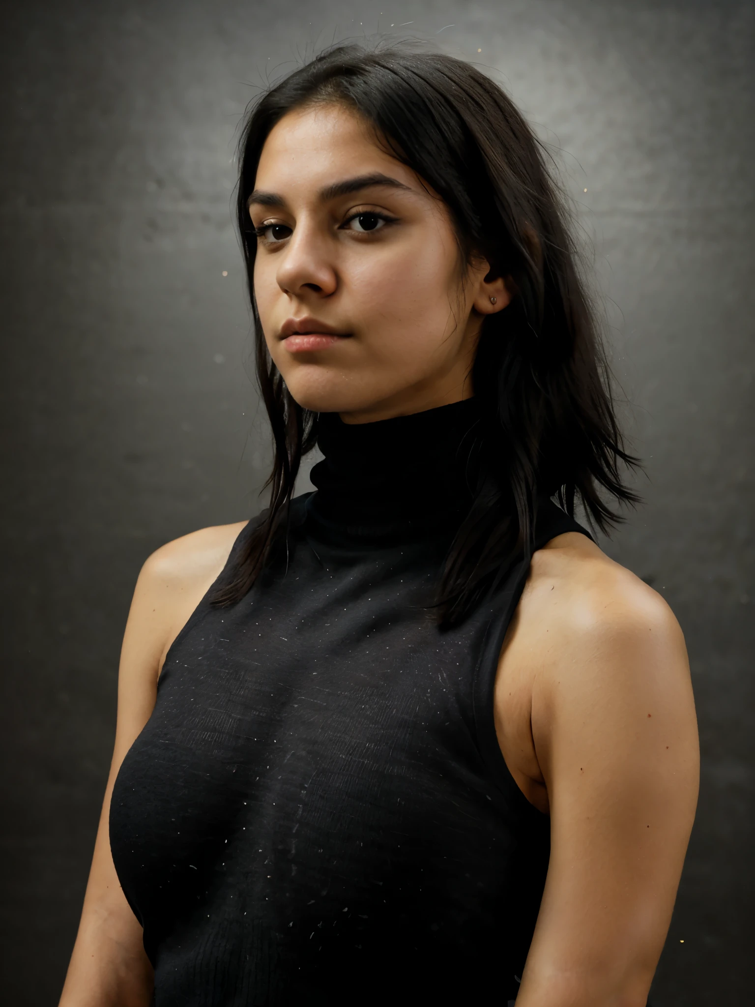 analog raw candid photo of a beautiful young Mexican woman, 20 years old, realistic skin texture, black bob messy hair, slim, (closed mouth:1.1), (((black sleeveless turtleneck))), studio lighting, studio portrait, 35mm, perfect proportion, three-quarter body portrait, model pose, badass pose