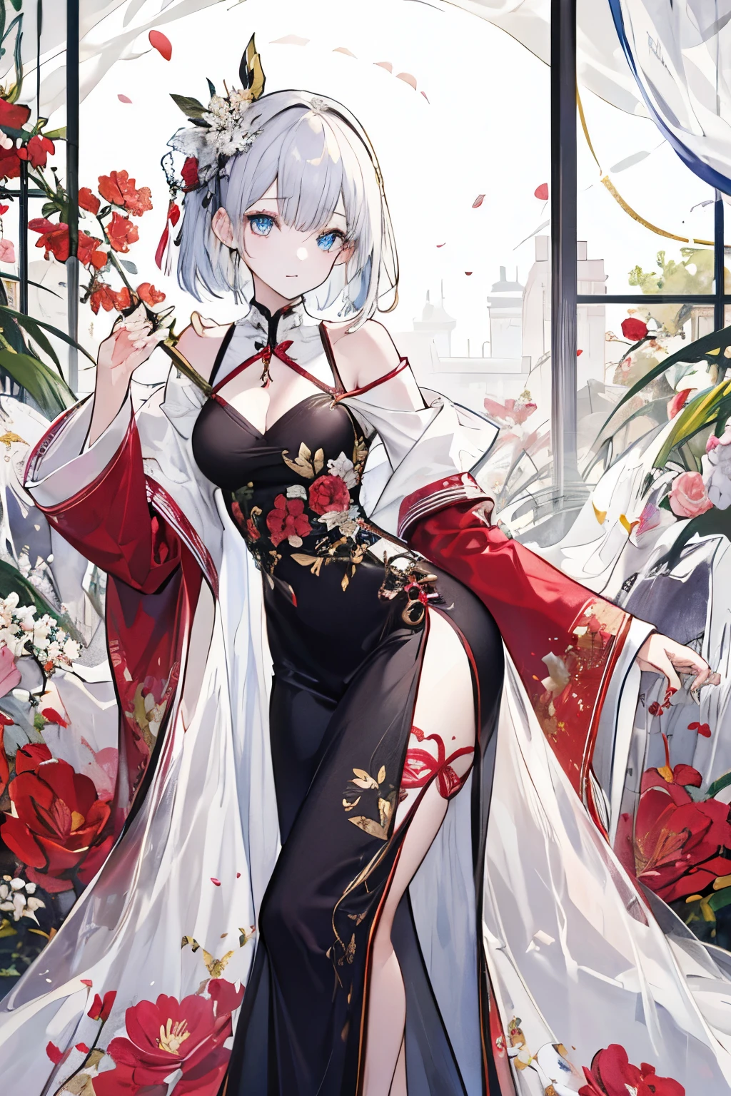 ((best quality)), ((masterpiece)), (detailed), 1 Girl, Slit cheongsam，Details of clothes，Off-shoulder，full-body shot，Eyes for detail，beautiful eyes