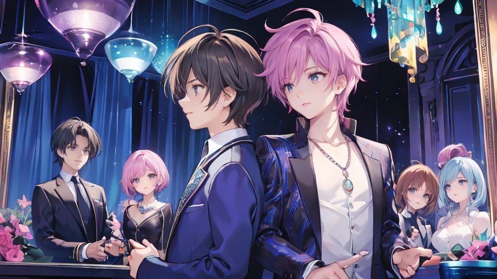 20 people, close-up, eyes closed and mouths wide open, smiling, very cheerful and attractive men, spiky hair on top, long hair at the nape, blouse and open-neck shirt, tailored jacket, V-neck shirt, prince-like outfit, necklace, ring, bracelet, luxury watch, flashy men, group of cool men, chandelier, glittering club, colorful neon lights, spotlight, mirror ball, glittering male host. They are men around 30 years old. They exude adult sexiness. It's a very flashy club, it feels like a party venue, and they are very handsome and handsome. They are dressed in a flashy way.
They are wearing sparkly accessories. Black hair, brown hair, pink hair, magenta hair, light blue hair, green hair, blue hair, purple hair.
