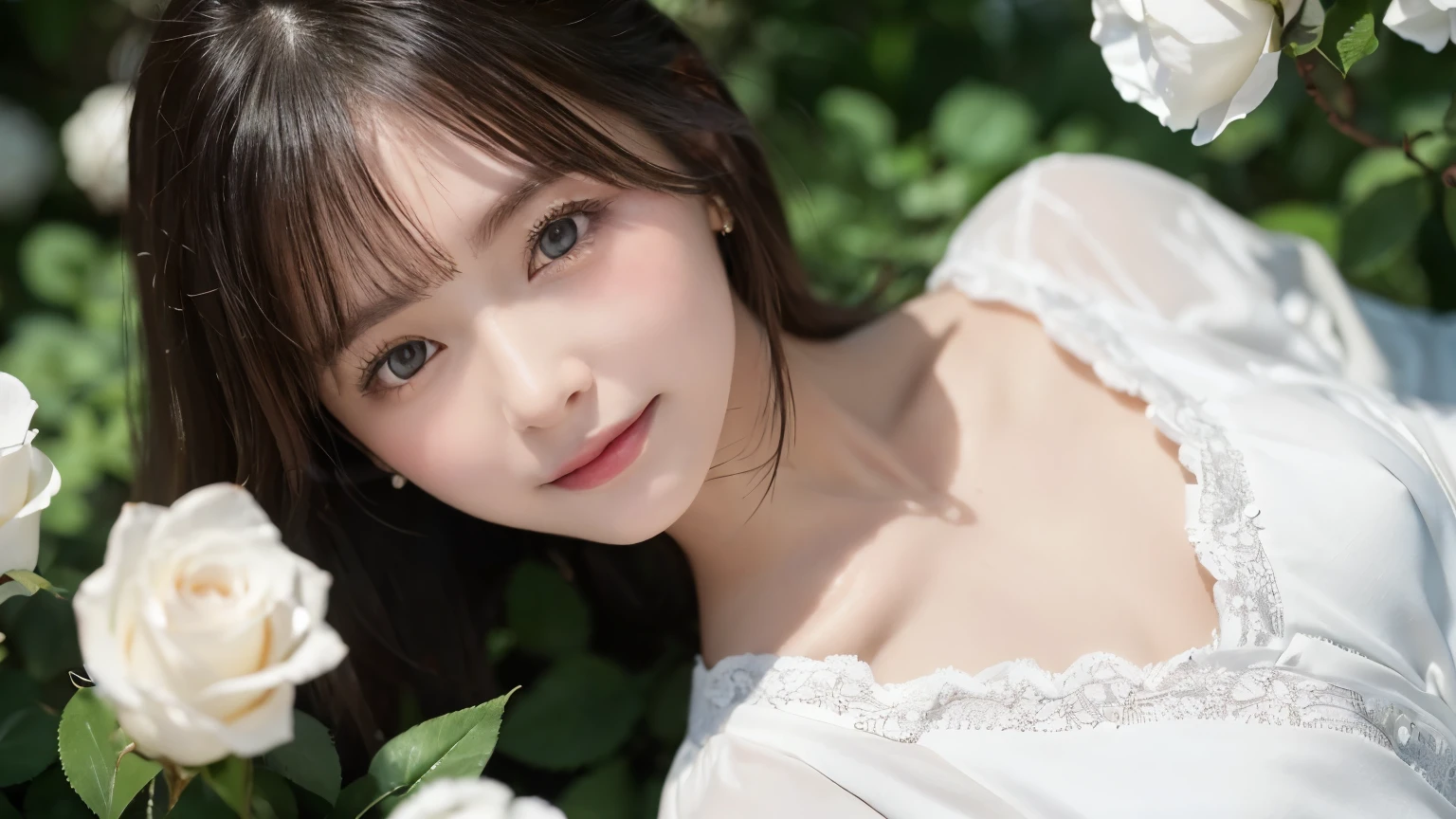 (highest quality,8K quality,masterpiece:1.3,),(超A high resolution,Photorealistic:1.4,Raw photo),(Ultra-detailed,Caustics,Perfect Anatomy),(Ultra-Realistic Capture,Beautiful and detailed skin),Flower bed with white roses、Katyusha with white flowers、27 years old,Black short bob,heavy,Looking into the camera,(Low angle),White floral dress、smile、Beauty、遠くからLooking into the camera