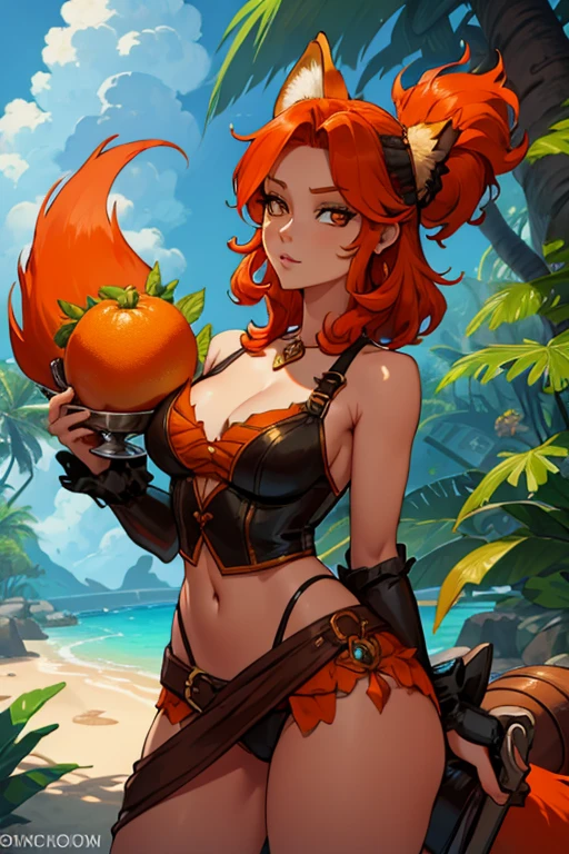A orange haired fox woman with copper eyes and an hourglass figure and orange fox ears and an orange foxy tail in a pirate outfit is cutting down vegetation in a tropical jungle