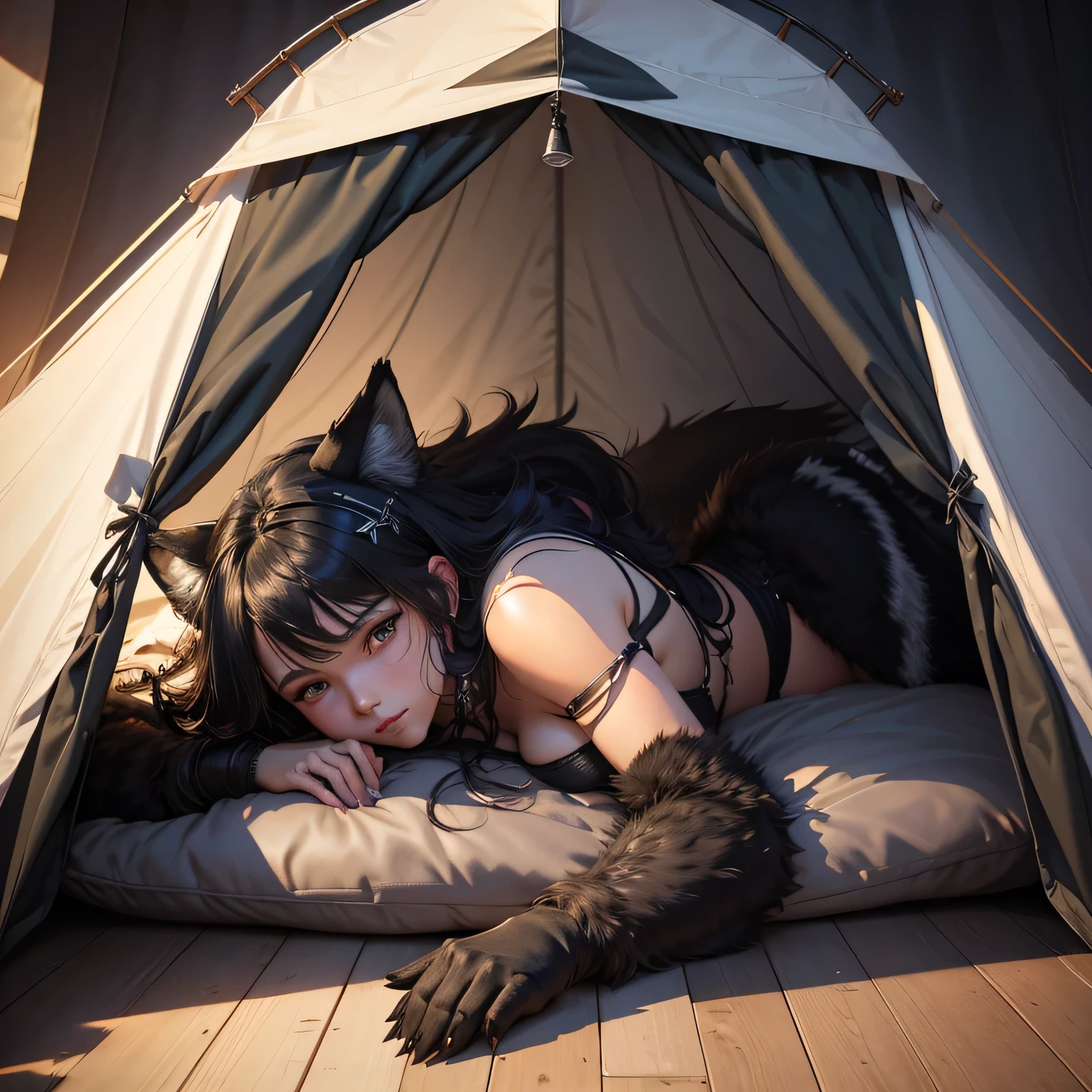 a very fluffy large black female feral wolf laying on back spread legs in a tent looking at viewer, (feral), paws, pawpads, feral, detailed fur, detailed background, fluffy, tent, pillow,, best quality, shaded, extreme detail, highly detailed, ultradetailed, intricate, realistic, detailed background, hi res, realistic, photography \(artwork\), (by kenket), by ross tran, by michael & inessa garmash, by pino daeni, by isvoc, by kiguri, by alena aenami, by ruan jia, (by zenthetiger, by wolfy-nail), by Enki Bilal, by drmax, photorealism,