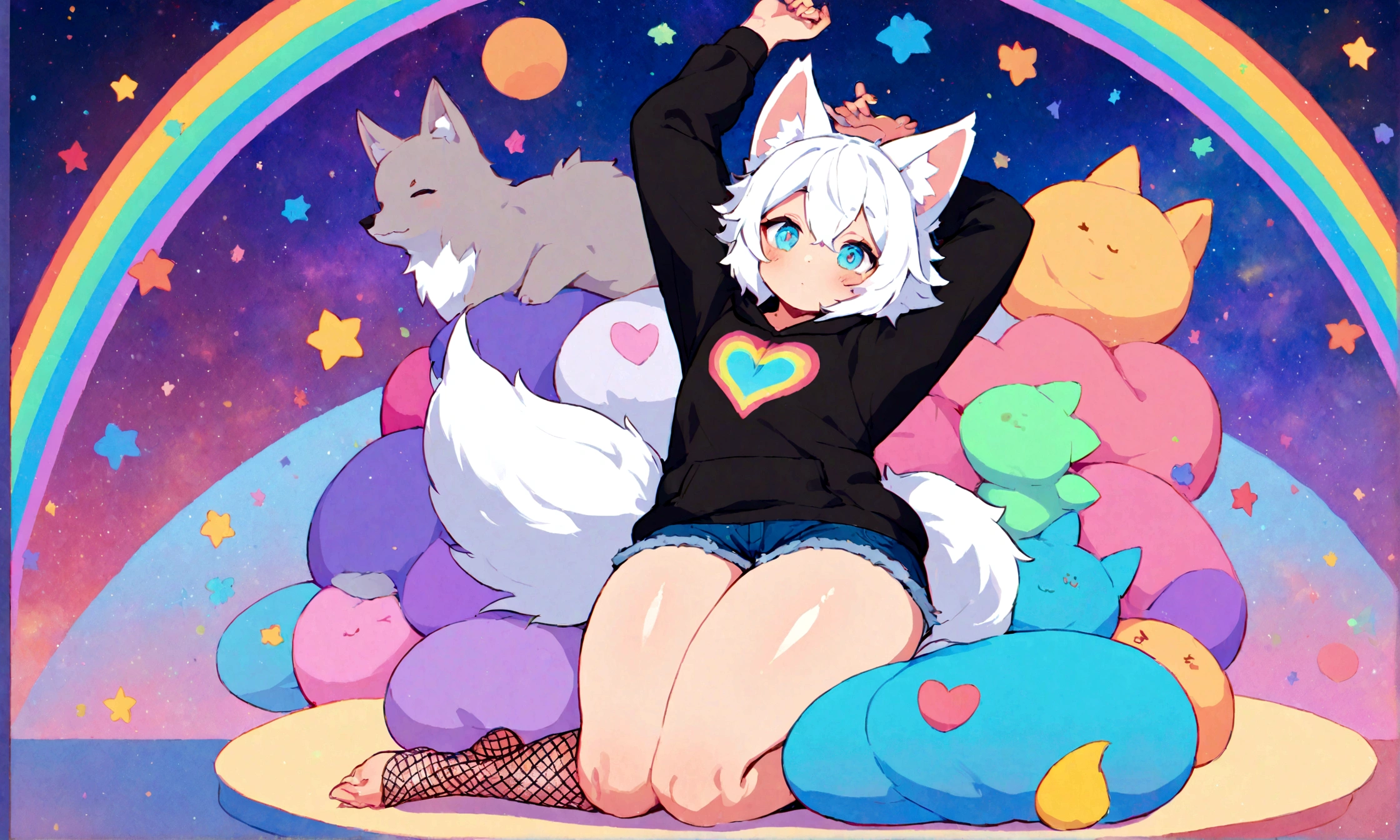 a cute adult male with wolf ears, white hair, has a wolf tail, wearing a loose cropped oversized black hoodie, wearing a pair of denim short shorts and fishnet stockings, thick thighs, wide hips, relaxing on mound of fluffy multi colored kawaii plushies, short, very slim, showing slender tummy, stretching out, heart on hoodie, squishy thighs, has glowing blue eyes. alone, solo (ALONE)(SOLO), surrounded by rainbows, colorful galaxy backround