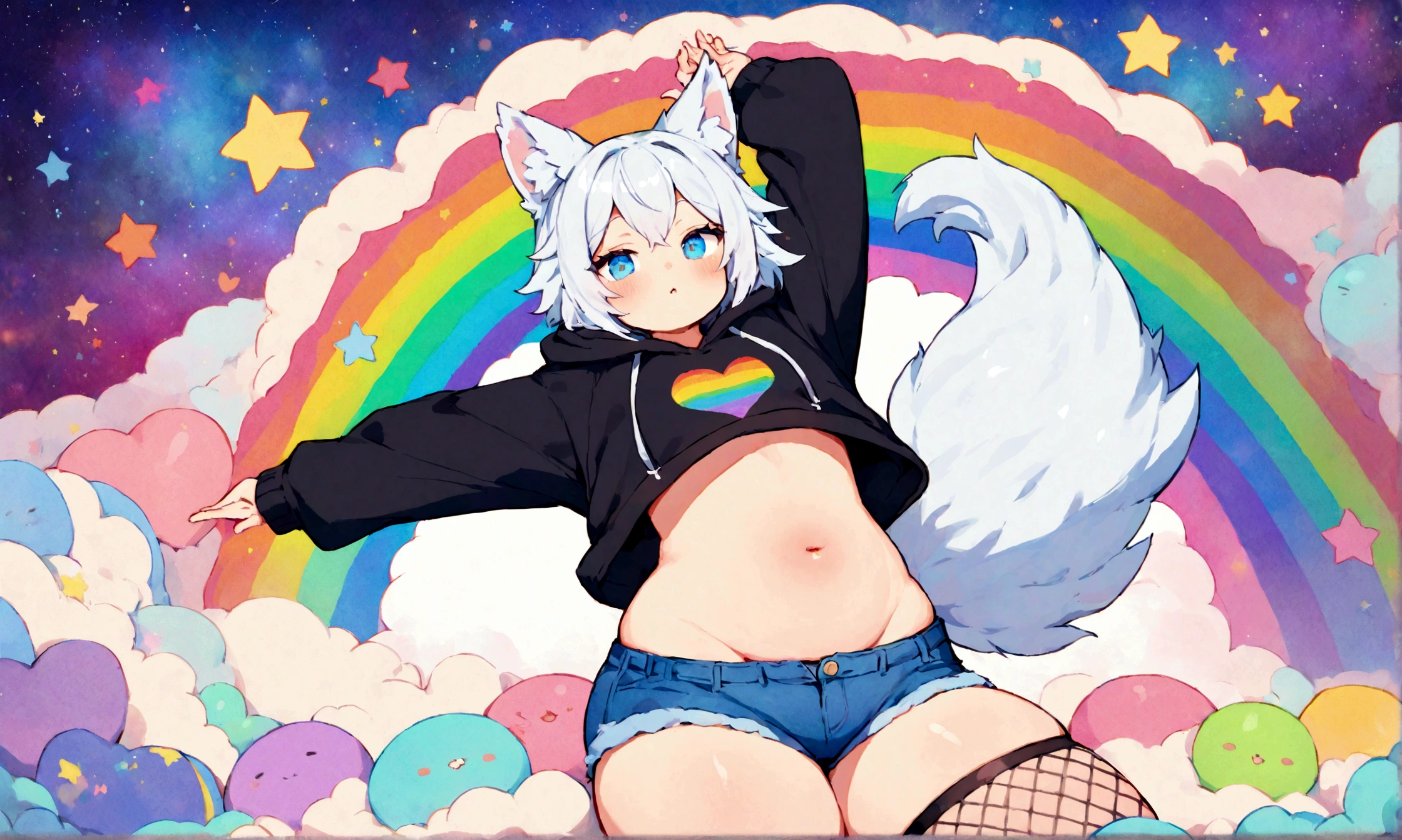 a cute adult male with wolf ears, white hair, has a wolf tail, wearing a loose cropped oversized black hoodie, wearing a pair of denim short shorts and fishnet stockings, thick thighs, wide hips, relaxing on mound of fluffy multi colored kawaii plushies, short, very slim, showing slender tummy, stretching out, heart on hoodie, squishy thighs, has glowing blue eyes. alone, solo (ALONE)(SOLO), surrounded by rainbows, colorful galaxy backround