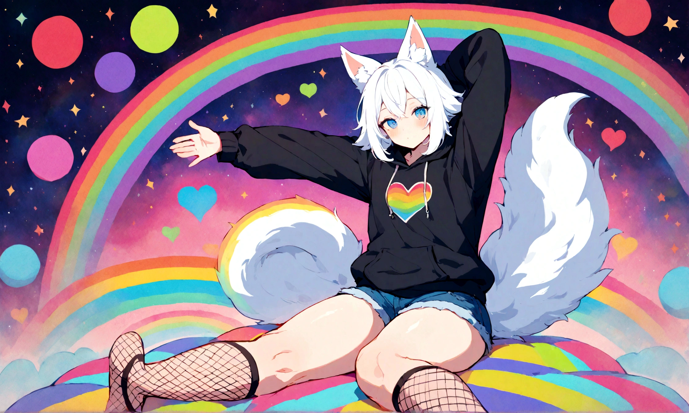 a cute adult male with wolf ears, white hair, has a wolf tail, wearing a loose cropped oversized black hoodie, wearing a pair of denim short shorts and fishnet stockings, thick thighs, wide hips, relaxing on mound of fluffy multi colored kawaii plushies, short, very slim, showing slender tummy, stretching out, heart on hoodie, squishy thighs, has glowing blue eyes. alone, solo (ALONE)(SOLO), surrounded by rainbows, colorful galaxy backround