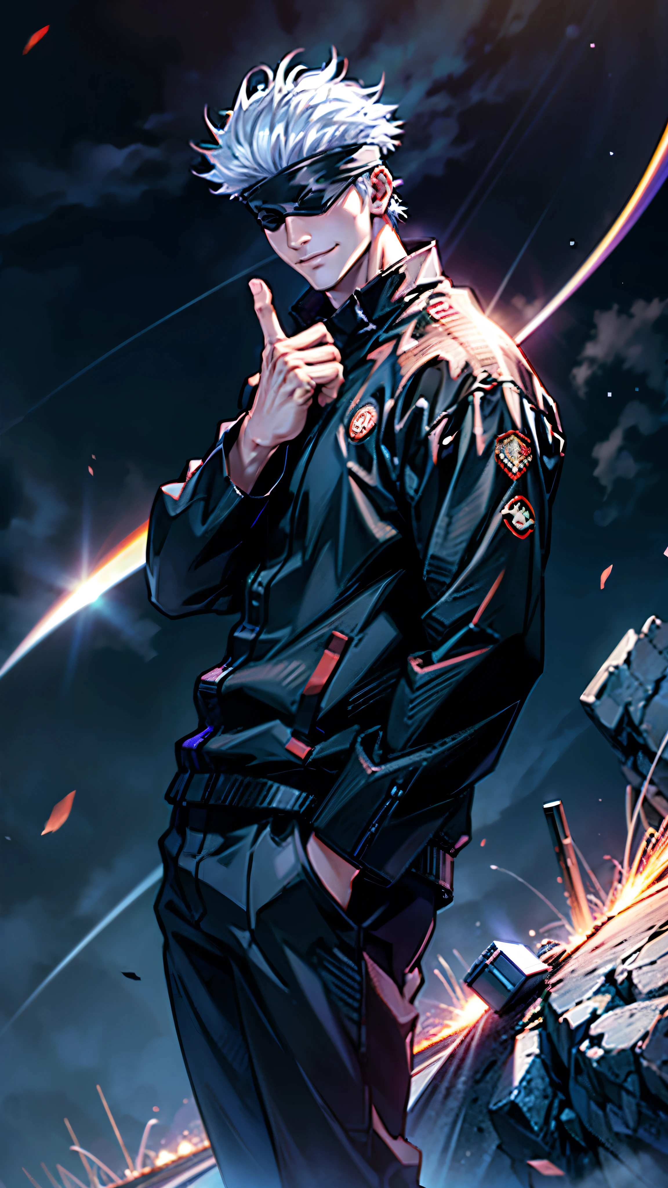1boy, half body shot, perfect hand and fingers, satoru gojo, blindfold, black outfit, white hair, look at sky, smirk, red and blue moon city night background, wallpaper, cinematic,High resolution 8K, Bright light illumination, lens flare, sharpness, masterpiece, top-quality, The ultra -The high-definition, high resolution, extremely details CG, Anime style, Film Portrait Photography,masterpiece,hyperdetail