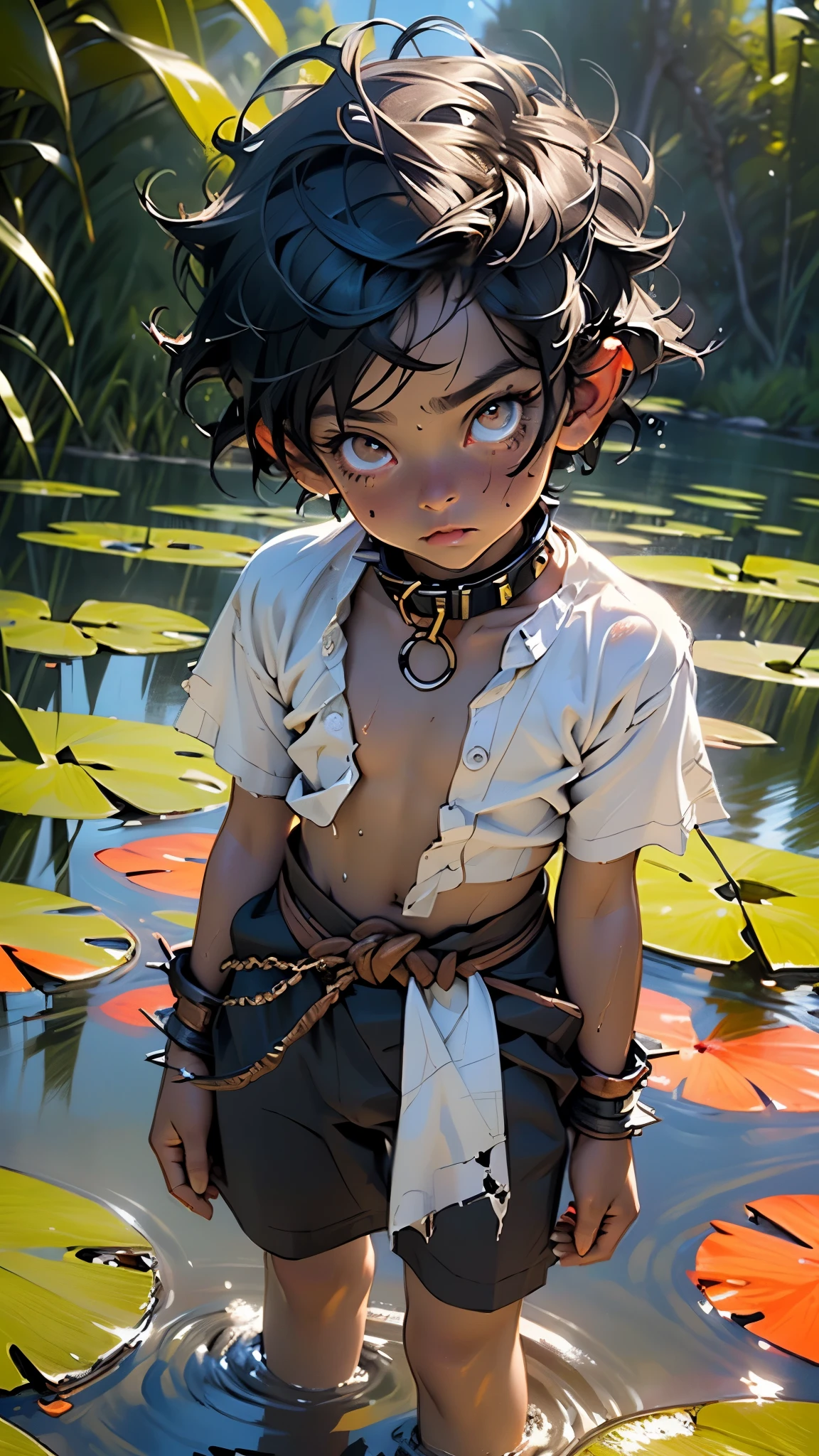 little boy tribal,(((little boy,boy,kid,kid only,,1boy,male gender))),((((8 years old)))),

child's chest,(((black hair,spiked hair,colored inner hair))),((orange_eyes:1.3))),intricate eyes,beautiful detailed eyes,symmetrical eyes,big eyes:1.5,(((black skin,dark skin,lustrous skin:1.5,tanned skin,bright skin: 1.5,skin tanned,shiny skin,very shiny skin,shiny body))),(((kid body,a little chubby,good anatomy,accurate body proportions,detailed shota body for young boy,))),(((detailed face and eyes))),

(nsfw),

((((bare chest,naked torso)))),(barefoot,),(((spiked dog collar,spiked collar,slave,slave collar,Long chain leash connected to her collar,shackles,loincloth,bulge in loincloth))),((torn clothes,wet clothing,intricate outfit)),

dynamic pose,looking at viewer,(angry),centered,scale to fit dimensions,Rule of thirds,

outdoors,overgrown,(overgrown background),scenery,extremely scenery,(puddles everywhere,moss,moss on the background),clouds,lily pads,palms,reeds,(sunset, golden hour),

(Glossy Egyptian ornaments),highres,sharp focus,(ultra detailed,extremely detailed),(photorealistic artwork:1.37),(extremely detailed CG unity 8k wallpaper),(((vibrant colors,vibrant theme))),(intricate),(masterpiece),(best quality),artistic photography,(photography taken by sldr),(intricate background),perfect rendered face,perfect face details,realistic face,photo realistic,((intricate detail)),(((realism))),
