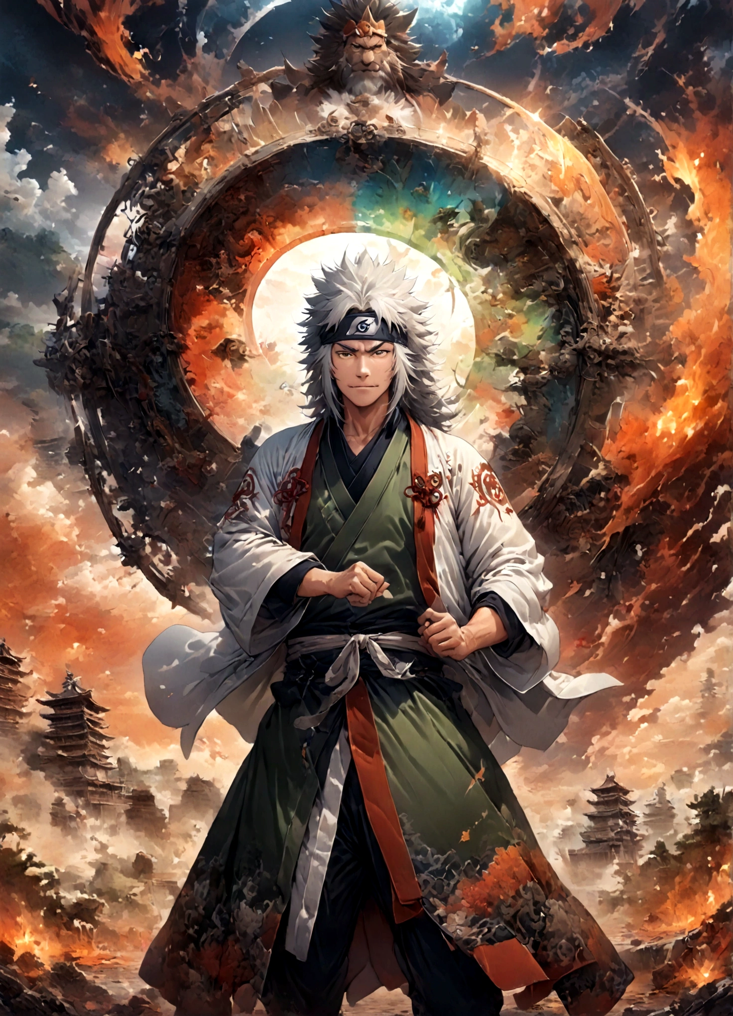 (1 middle-aged male,jiraiya,Green kimono,White Haori),solo,comics『NARUTO』Characters in,,Ninjutsuの使用,Battle Style,Cynical Smile,Ninjutsuのエフェクト,Enjoy the battle,Moderate dirt,,tattoo,Forehead protector,Digital Art,An illustration,Intricate details,Intricate details,Wide range of colors,artwork,rendering,,(highest quality:1.4),(Very detailed:1.5),High resolution,Very detailed,unity 8k wallpaper,Draw artistic background,yin and yang,Five Elements,Ninjutsu,