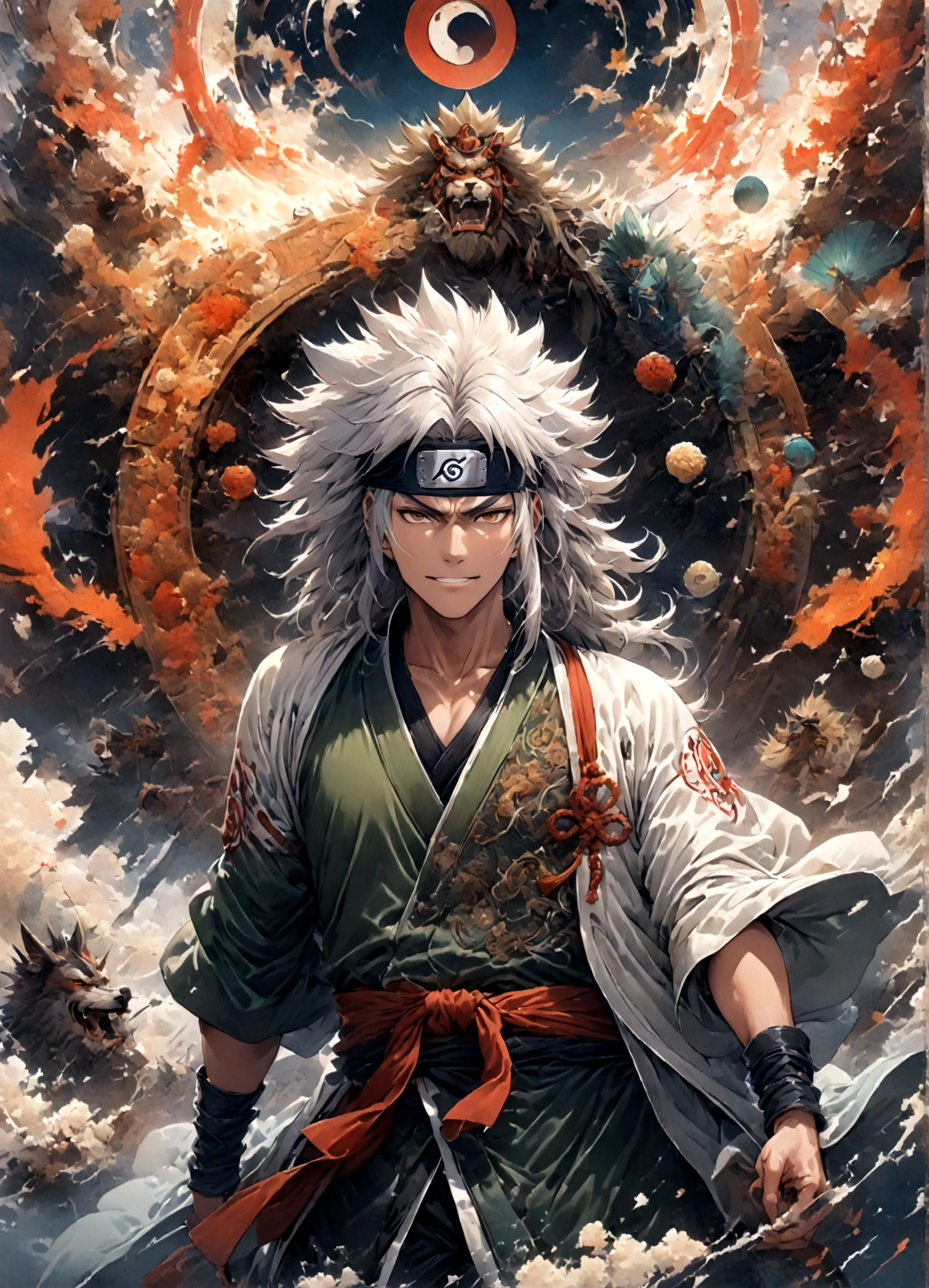 (1 middle-aged male,jiraiya,Green kimono,White Haori),solo,comics『NARUTO』Characters in,,Ninjutsuの使用,Battle Style,Cynical Smile,Ninjutsuのエフェクト,Enjoy the battle,Moderate dirt,,tattoo,Forehead protector,Digital Art,An illustration,Intricate details,Intricate details,Wide range of colors,artwork,rendering,,(highest quality:1.4),(Very detailed:1.5),High resolution,Very detailed,unity 8k wallpaper,Draw artistic background,yin and yang,Five Elements,Ninjutsu,