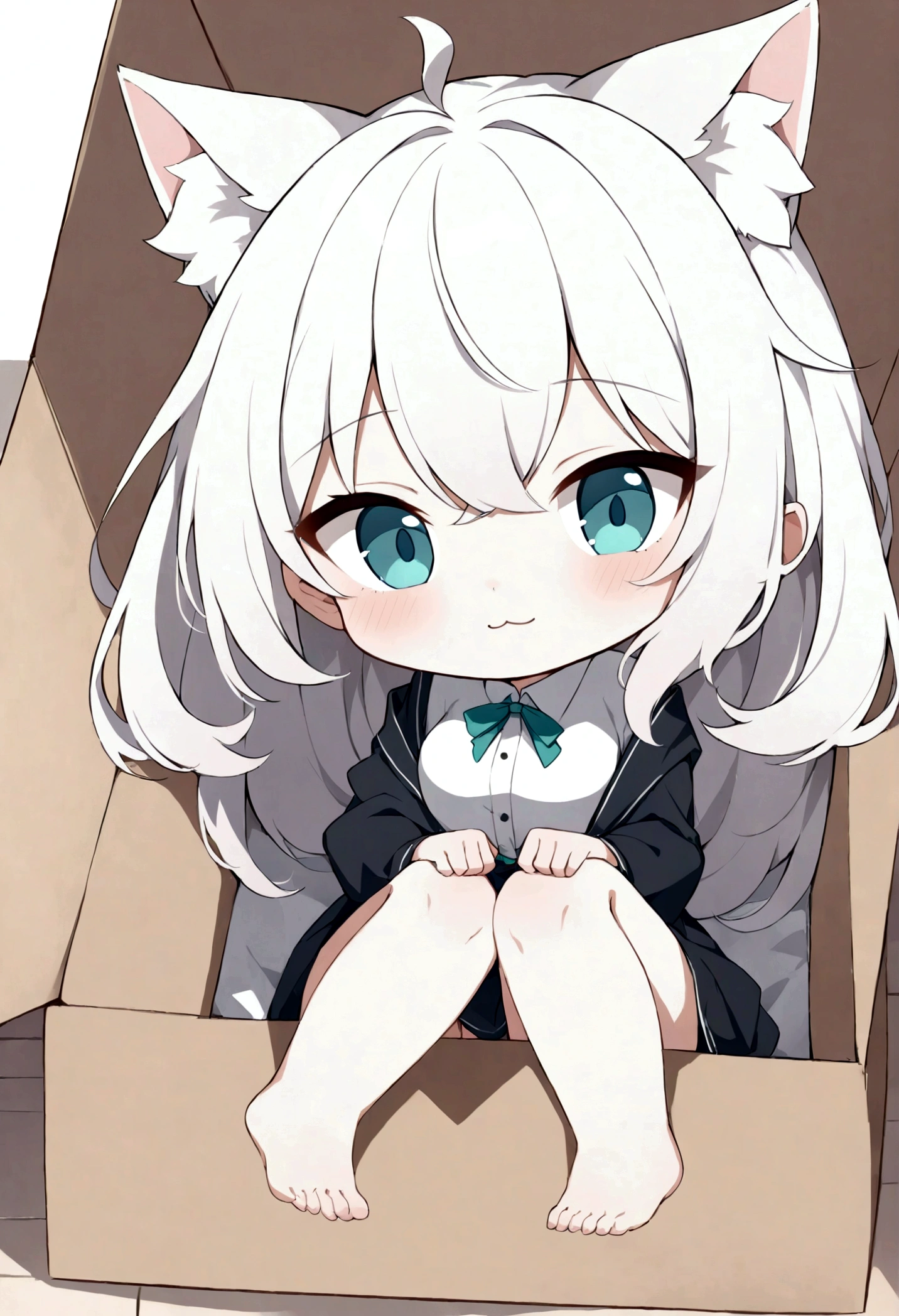 The Apothecary diaries, best quality, masterpiece, uncensored, source_anime The Apothecary diaries, maomao, xiaomao, solo, looking at viewer, shirt, teal eyes, barefoot, inside the box, cardboard box, inner ear fluff, clothed, :3, chibi