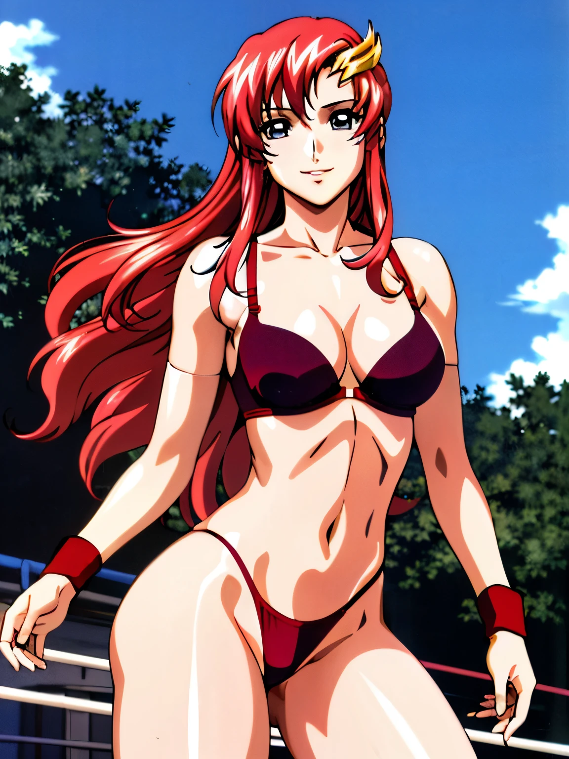 lacus4, (red bikini, running, thong, masterpiece, cowboy shot, very slim shoulders, 4K, Best Quality, Anime style: 1.9, happy, Adult Woman, (ultra detailed face), (Crowd, cloud background), Drawing lines, high resolution, lacus4), 1girl, Solo, curvy figure, clavicle, scapular, (Detailed wide hair bangs, Hair Ornament, Detailed reddish-pink hair, long hair, shiny streaks, no arms, detailed golden crest), cleavage, large hands, (hair cover shoulders). (Big blue eyes, shiny eyes), ((female wrestler, (slim body), no arms, thighs)), ((perfect proportions, medium-small breasts, medium thighs, long belly)), ((totally red bra, red arm band, red arm band, very detailed hair)), smile with a wink, (standing, hot colors), detailed fingers, (bare shoulders)
