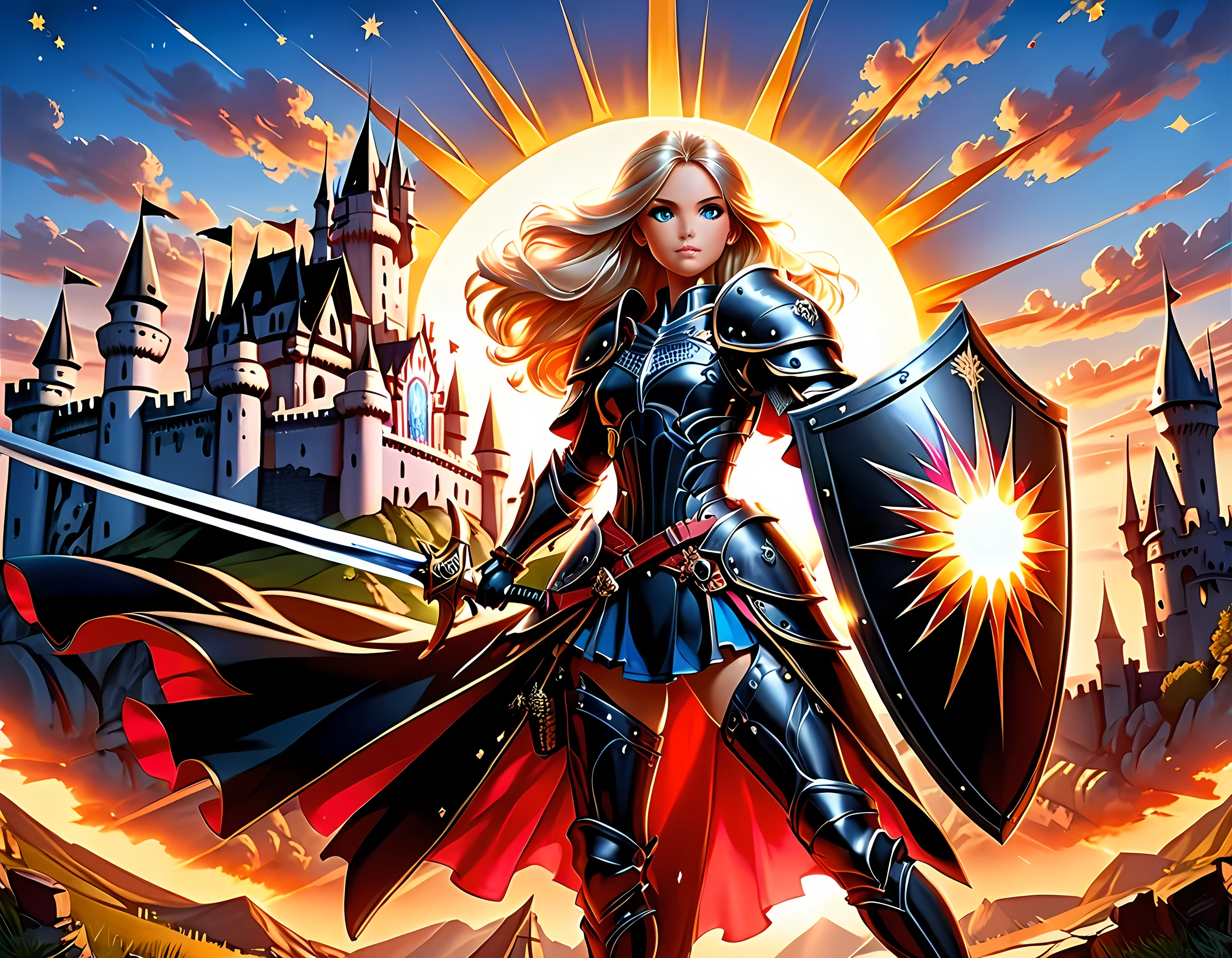 16k, ultra detailed, masterpiece, best quality, (extremely detailed), arafed, dnd art, panoramic view, full body, a single1 ((Barbie: 1.5)) knight standing on the all of the castle as the sun rises, she is holding sword and shield, you see only the silhouette of knight, intense eyes, ultra feminine, ultra detailed face, (Masterpiece, intense details:1.5), (anatomically correct: 1.5), determined face, sky are switching day and night, the sun is rising, suns, some stars, rays of dawn, fantasy castle background, Wide-Angle, Ultra-Wide Angle, 16k, highres, best quality, faize, Sword and shield