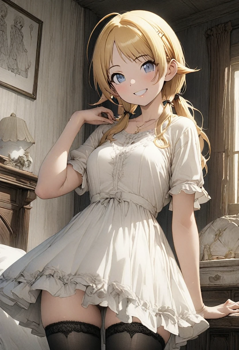 NSFW,(pale illustration,anime illustrations:1.2),(masterpiece, highest quality, so beautiful, Super detailed),textured skin, high details,8k,gleaming skin,pale outline
(hachimiya meguru, idolmaster:1.2),gold hair,
1 girl,(black Thighhighs:1.3),middle breasts,shorty,happy smile,
dress,standing,
from front,white and clean bedroom