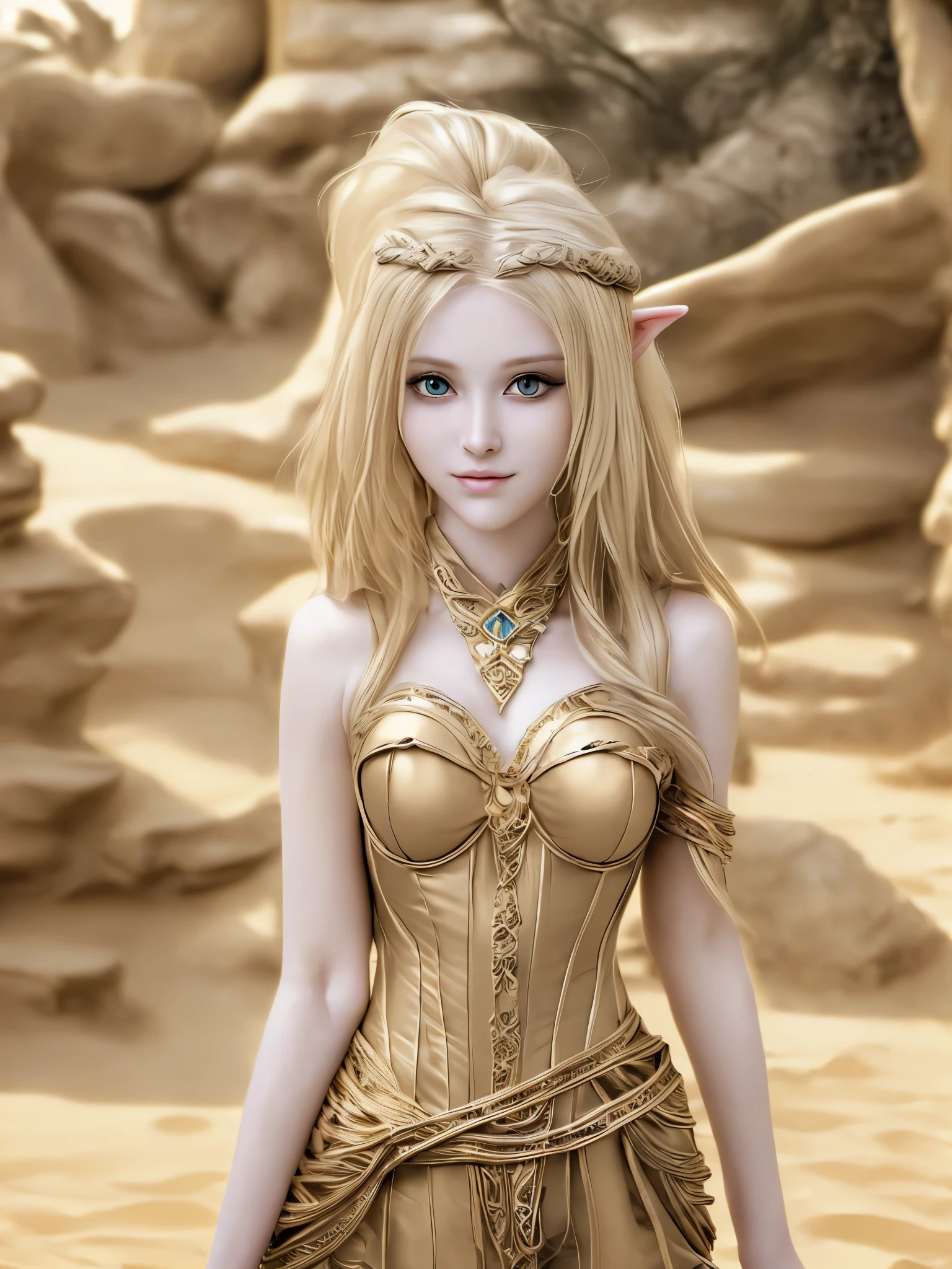 Female elf, Golden blonde hair, long hair with accessories, gold eyes, in an ancient city of golden sand, fantasy character, smirk, sultry look, seductive,