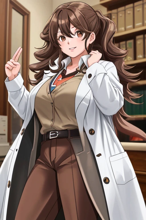 Italian girl, 25 years old, wavy brown hair, lab coat