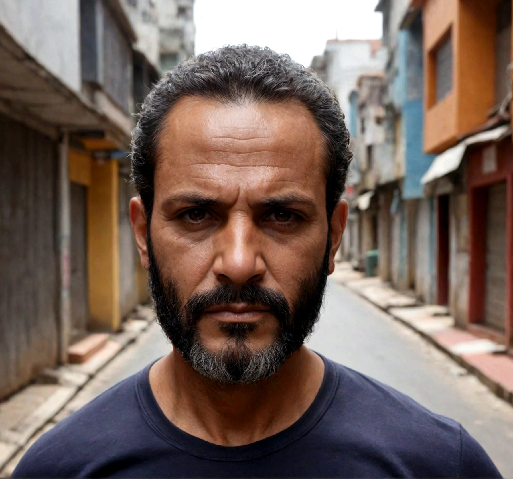 homem de 43 anos, careca de barba caminhando em uma cidade suja e violenta