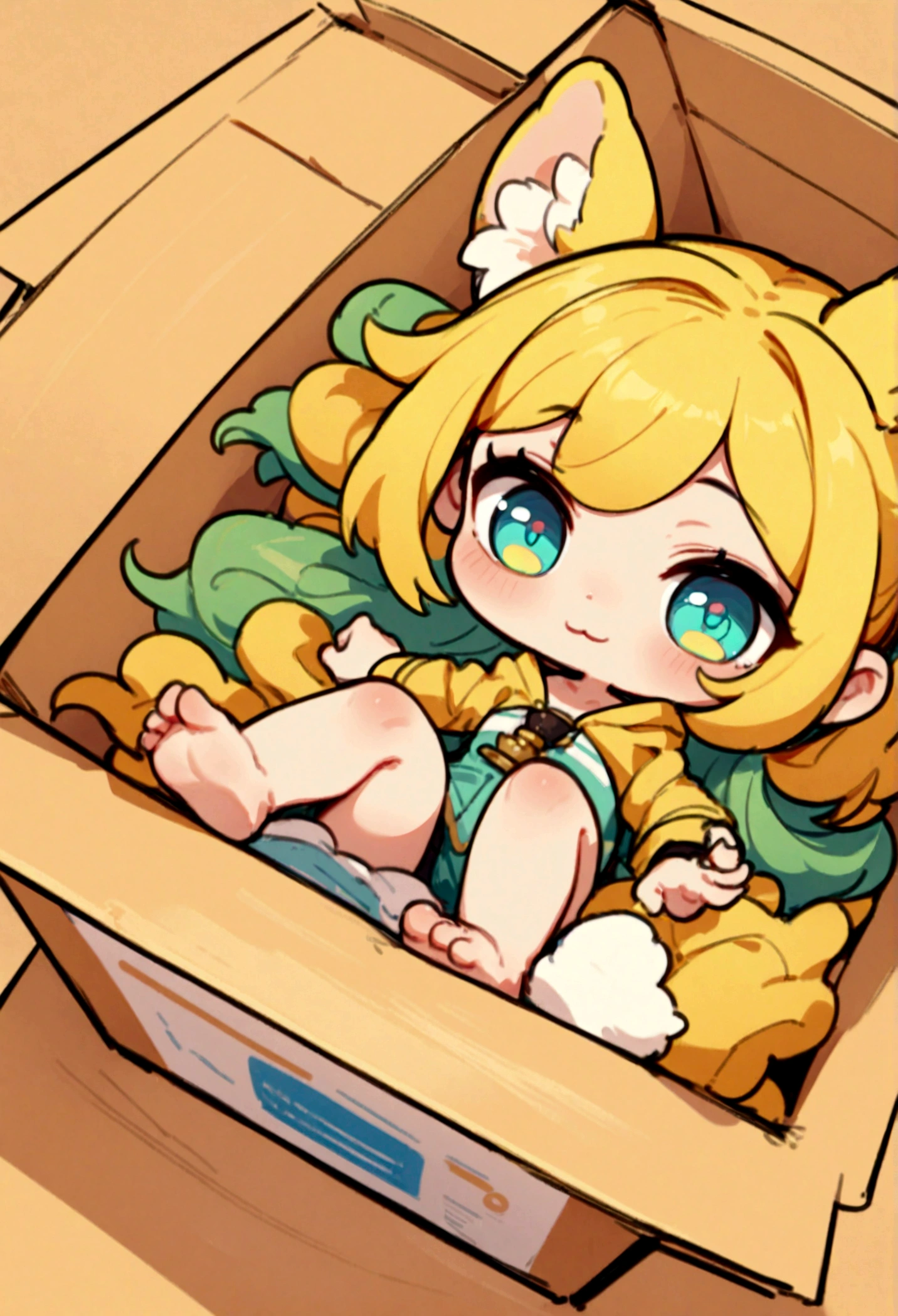 The Apothecary diaries, best quality, masterpiece, source_anime The Apothecary diaries, maomao, xiaomao, solo, looking at viewer, shirt, teal eyes, barefoot, inside the box, cardboard box, inner ear fluff, clothed, :3, chibi