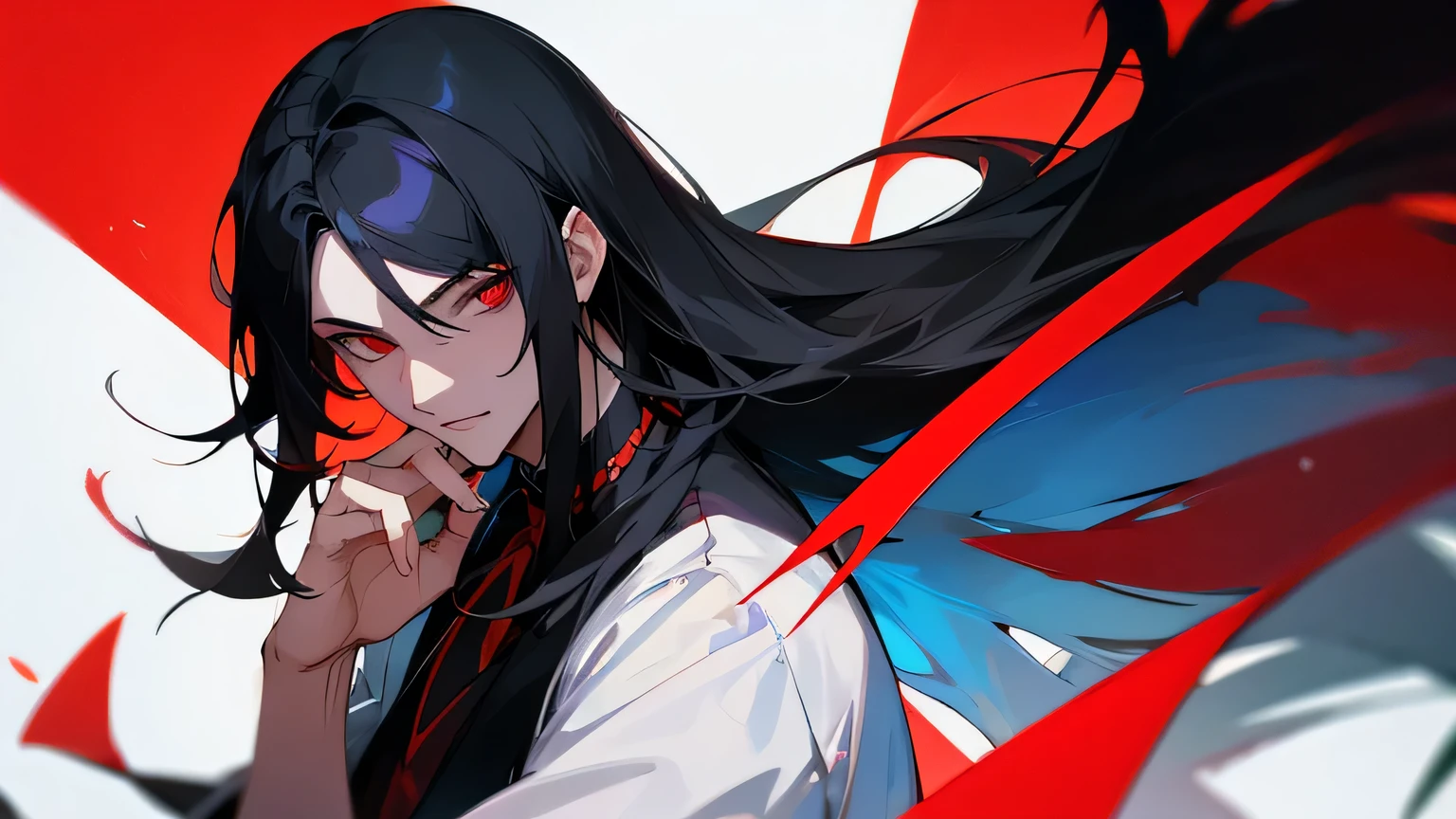 black hair, red eyes, devilish, summer, long hair, Chic, male, man, boy