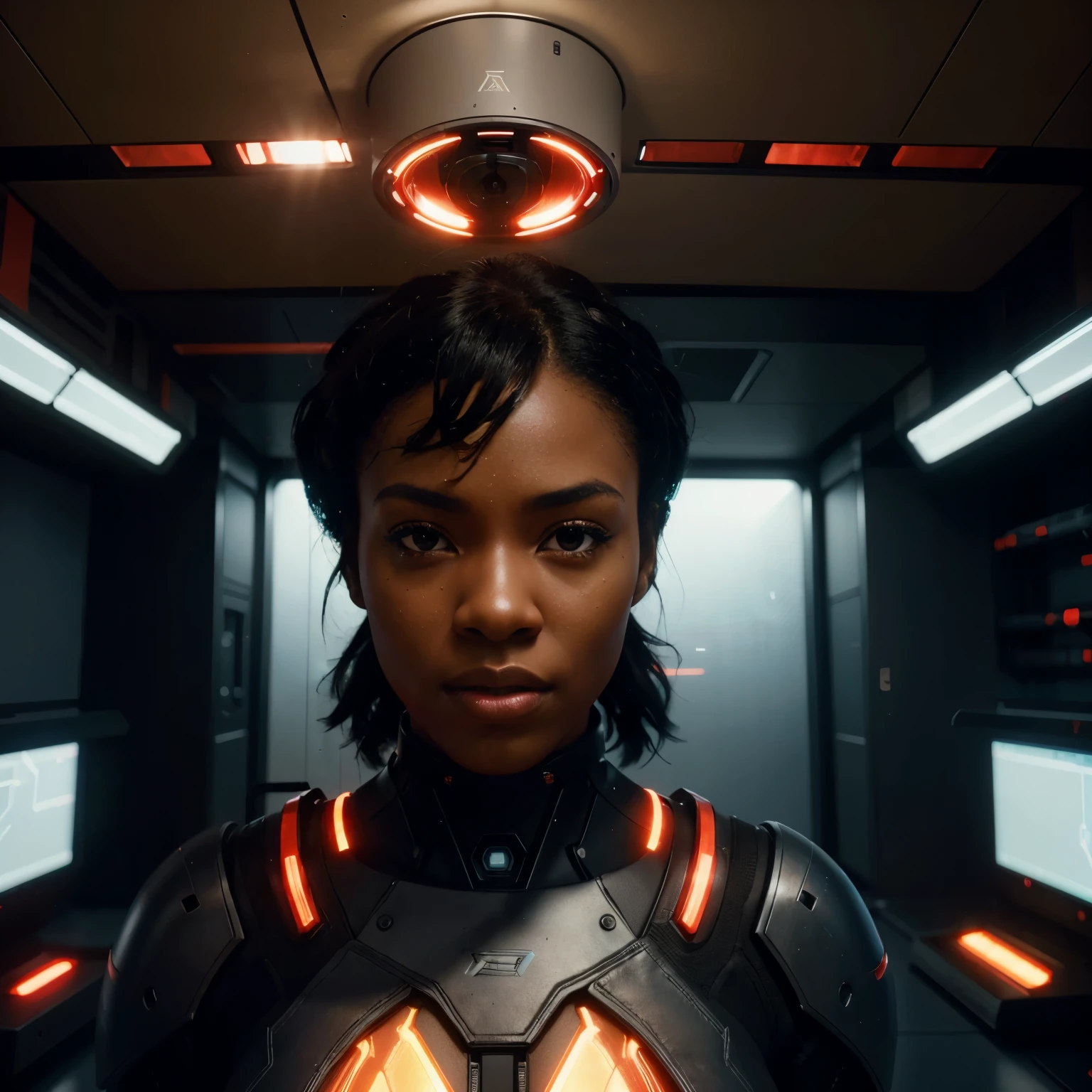 Black woman cyborg in a red lit high tech scifi room full of technology equipments, red light shining on her and in the room, with iridescent light, ultra HD, unreal engine rendered, cinematic lighting, artgerm style, bright and vibrant colours