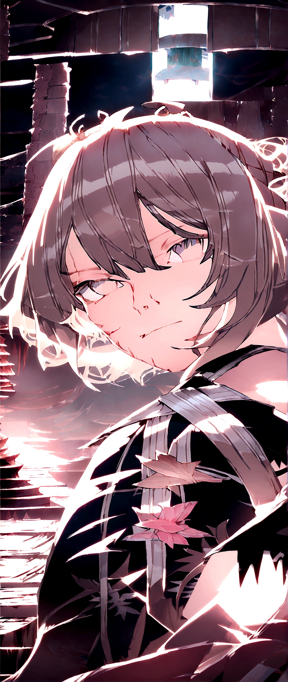 ((Masterpiece)), (((Best Quality))), ((Super Detail)), ((Illustration)), ((Semi-Real), (Reflection), Sharp Focus, Front Lighting, Intense Shadows, (Beautiful Eyes of Details), Eyelashes, (Very Delicate and Beautiful Girl), ((Red Eye)), Silver hair, (Jacket), (Pants), Long hair, (Wielding a sword), (Detailed Eyes), (Cold Blood), Medium Chest, Shiny skin, cinematic lighting mask, ray tracing, depth of field, dynamic angle, watch viewer, ((spectacular background)), (face blood 1.2), (difficulty 1.4), long hair, big breasts