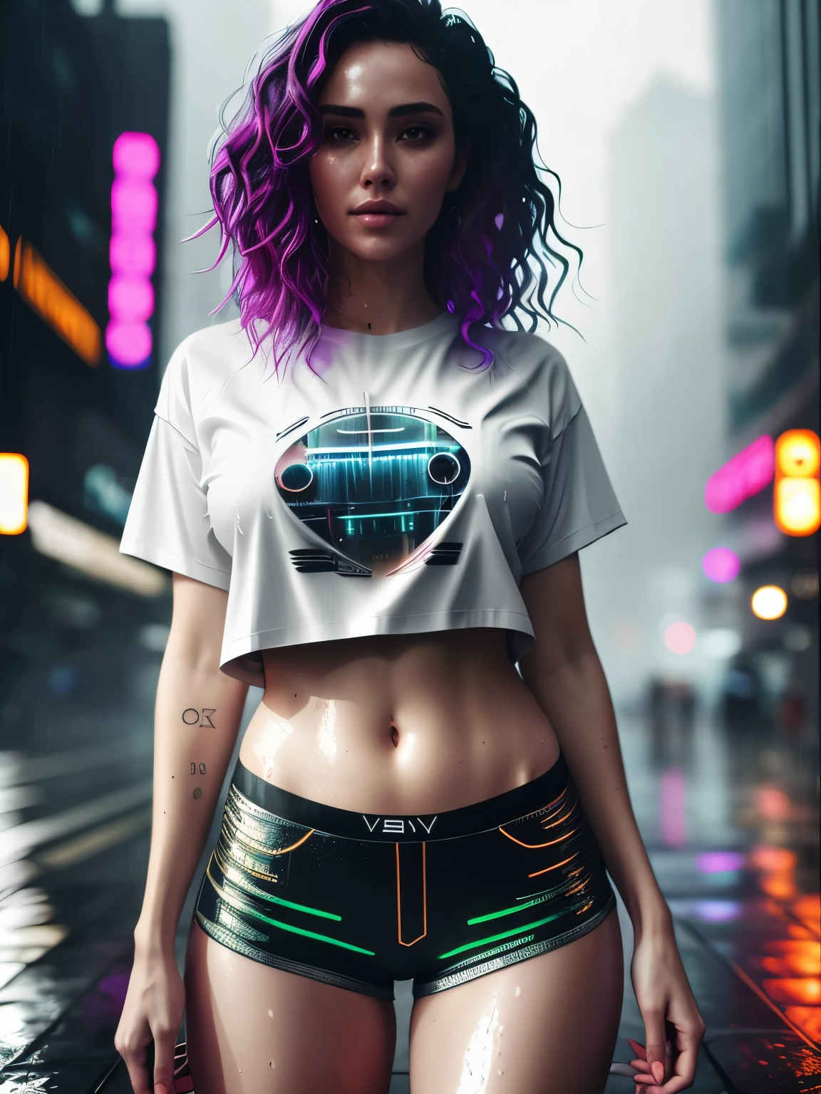 gorgeous woman with wavy hair detailed alluring eyes Thigh gap long sexy legs wearing tiny shorts tshirt in beautiful futuristic cyberpunk+ city, mist, wet, raining, best quality masterpiece, photorealistic, detailed, 8k, HDR, shallow depth of field, broad light, high contrast, backlighting, bloom, light sparkles, chromatic aberration, sharp focus, RAW color photo