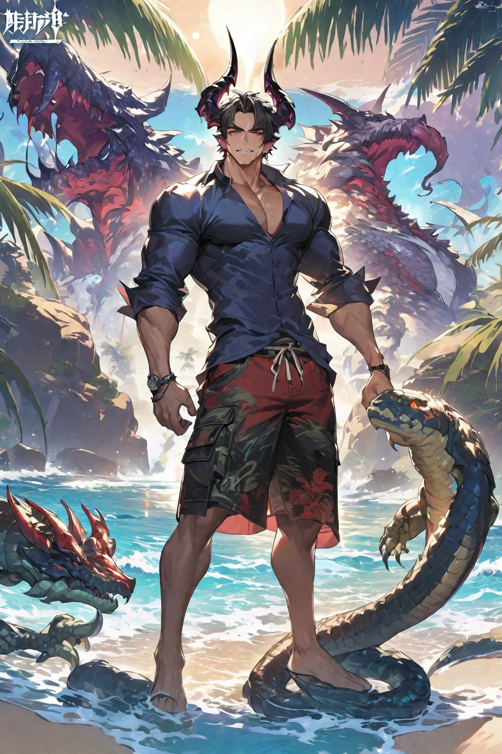 Best quality 8K resolution, highly detailed, digital painting, concept art, of the highest quality, one, handsome, 1 male, adult male, with athletic body, V-shaped body, detailed casual clothes, black demonic horns, short hair, black hair, purple with red tones reptilian eyes, on Beach background, bright light