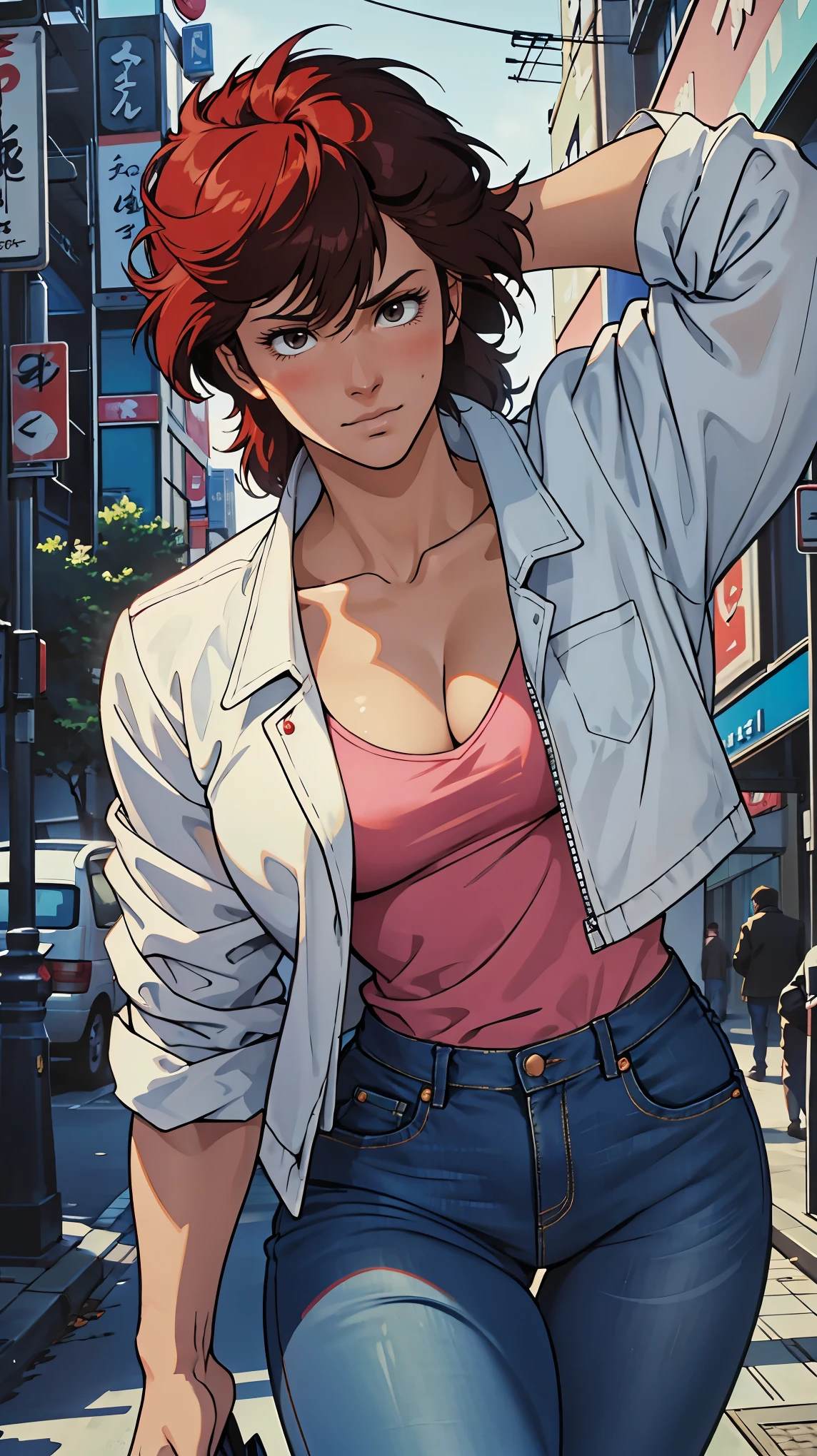 ((Masterpiece, highest quality; 1.3)), super quality, beautiful detail, super detailed, extra fine, 16K, exquisite, absurd, high resolution, beautiful background, detailed background, beautiful eyes, beautiful skin, anime style, Kaori seduces the viewer sexily in a busy street at night, (She is wearing a white denim jacket over a pink shirt.), blue jeans pants), (face focus, close up), Kaori, 1 girl, alone, 27 years old, (sassy pose), female whole body, full figure, anger, blushing, ecstatic expression, erotic, attractive, charm, (muscular female slender body, collarbone, beautiful large breasts, covered nipples, beautifully chiseled abs, beautiful long legs), cleavage, perfect anatomy BREAK blue jeans pants BREAK white denim jacket BREAK pink shirt, sweaty, it's hard to breathe, steam, looking at the viewer, (detailed Tokyo Shinjuku cityscape), Dramatic Shadows, Finely delineated, Dramatic angle, Hyper Detail, Perfect quality, Good quality, Masterpiece, High resolution, Ultra high resolution, cinematic lighting, chiaroscuro, sunset lighting, deep shadows, backlighting, deep focus, sharp focus,