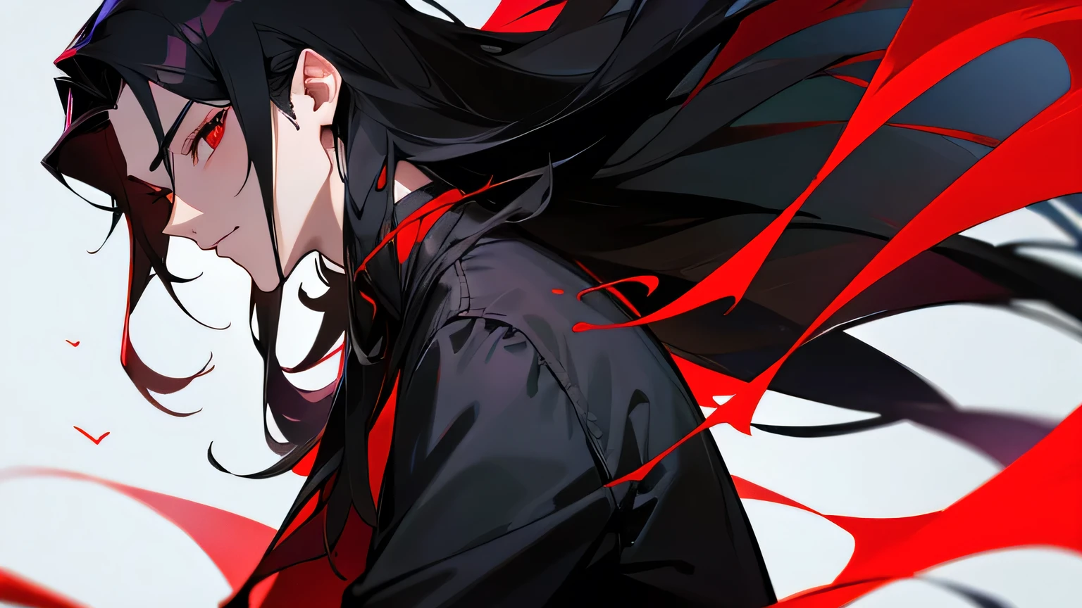 A man with medium length black hair and ruby red eyes wearing black clothes