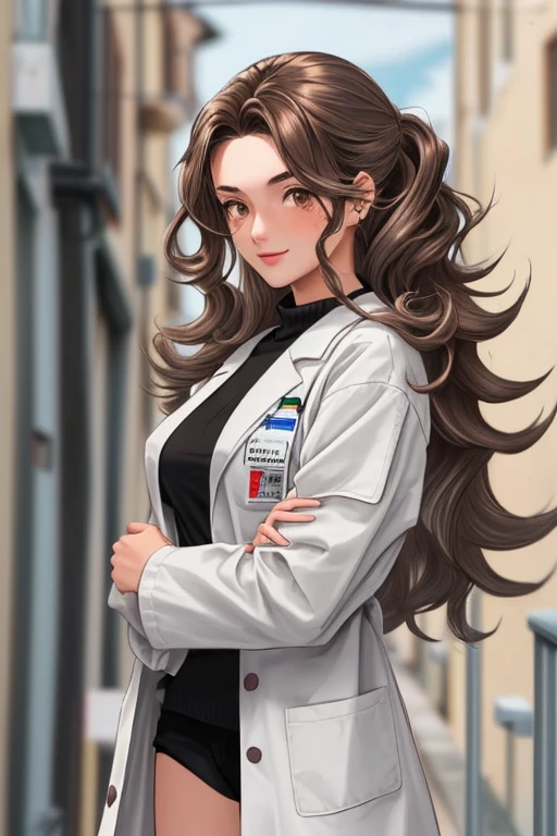 Italian girl, 25 years old, wavy brown hair, lab coat