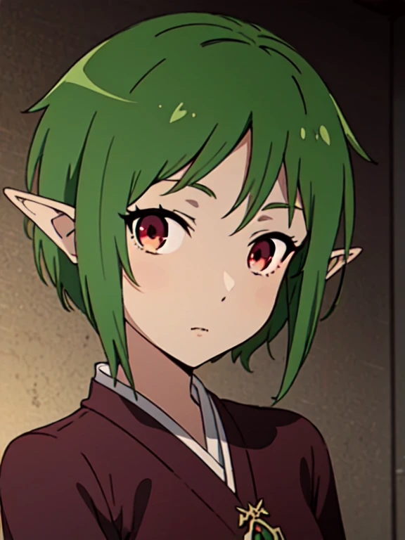 ((best quality)), ((masterpiece)), (detailed), perfect face. Asian girl. Green hair. Short hair. Elf. Maroon eyes.