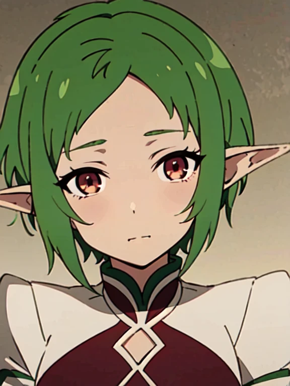 ((best quality)), ((masterpiece)), (detailed), perfect face. Asian girl. Green hair. Short hair. Elf. Maroon eyes, scenary, midle range shot,