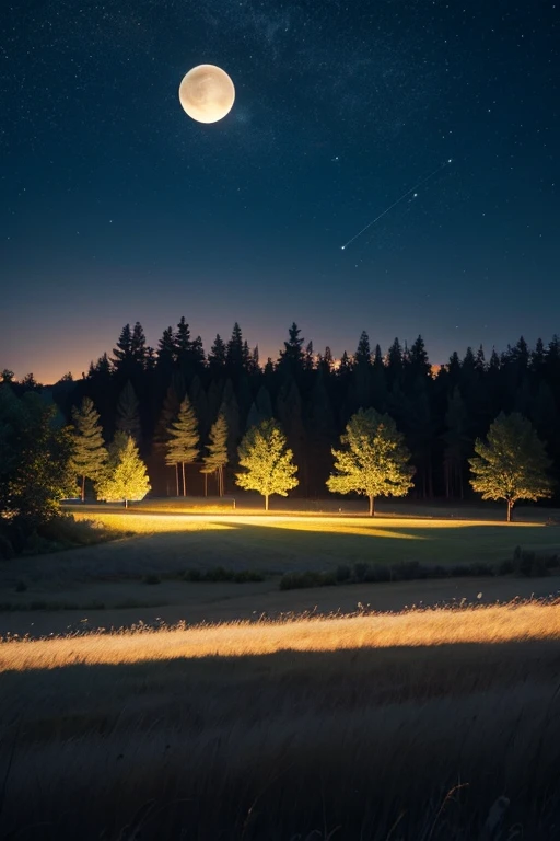 a large plot of land with tall grass. a well-lit night sky and a beautiful moon