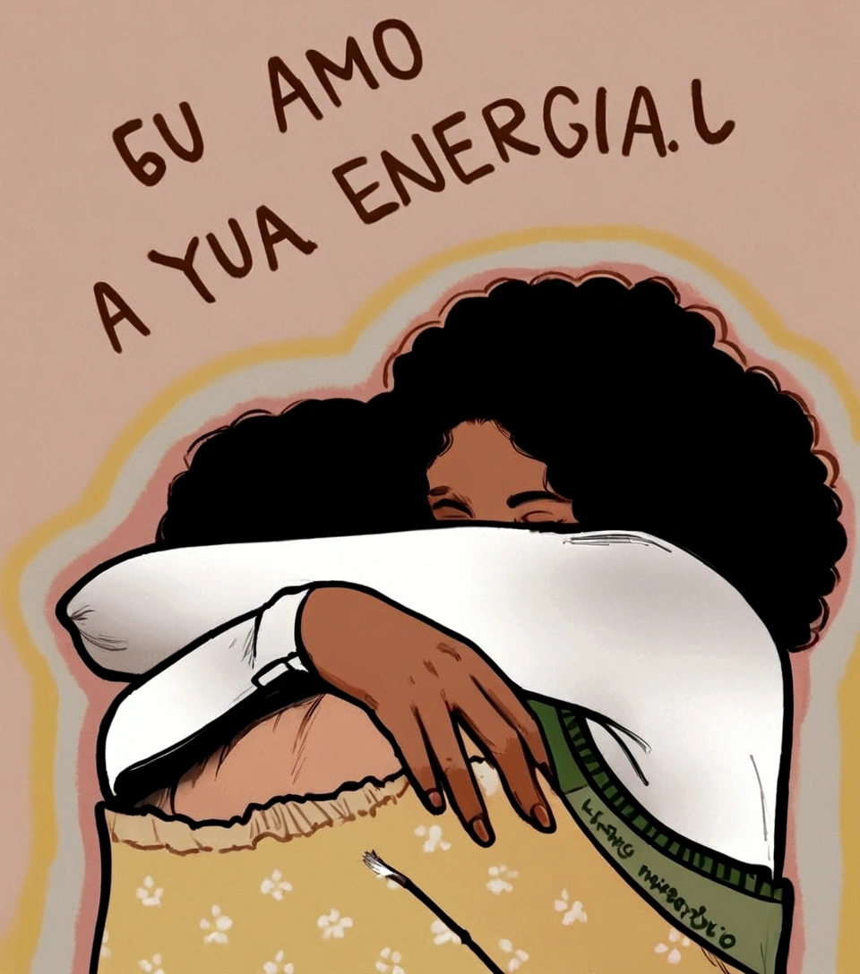 illustration of a woman hugging a pillow with the words I love your energy written above, by Nándor Katona, by Almeida Júnior, by Noe Canjura, by Almada Negreiros, drawing, by Amélia Peláez, by Enrique Tábara, by Américo Makk, hugging