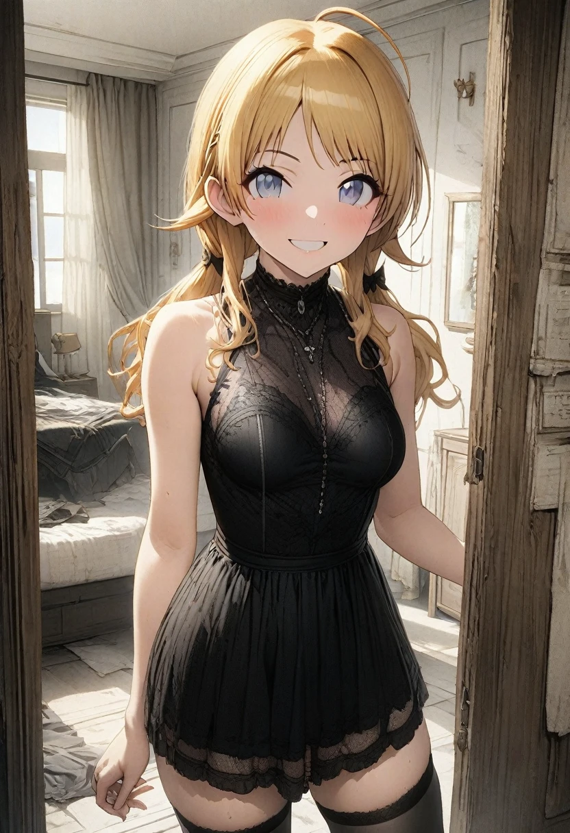 NSFW,(pale illustration,anime illustrations:1.2),(masterpiece, highest quality, so beautiful, Super detailed),textured skin, high details,8k,gleaming skin,pale outline

(hachimiya meguru, idolmaster:1.2),gold hair,

1 girl,(black Thighhighs:1.3),middle breasts,shorty,happy smile,
goth fashion,standing,
from front,white and clean bedroom